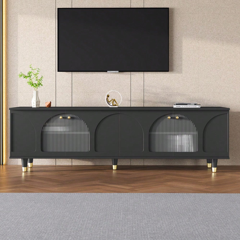 Contemporary White TV Stand for TVs Up to 78 Inches with Adjustable Shelves Gold Handles and Arch Fluted Glass Doors Elegant Media Console