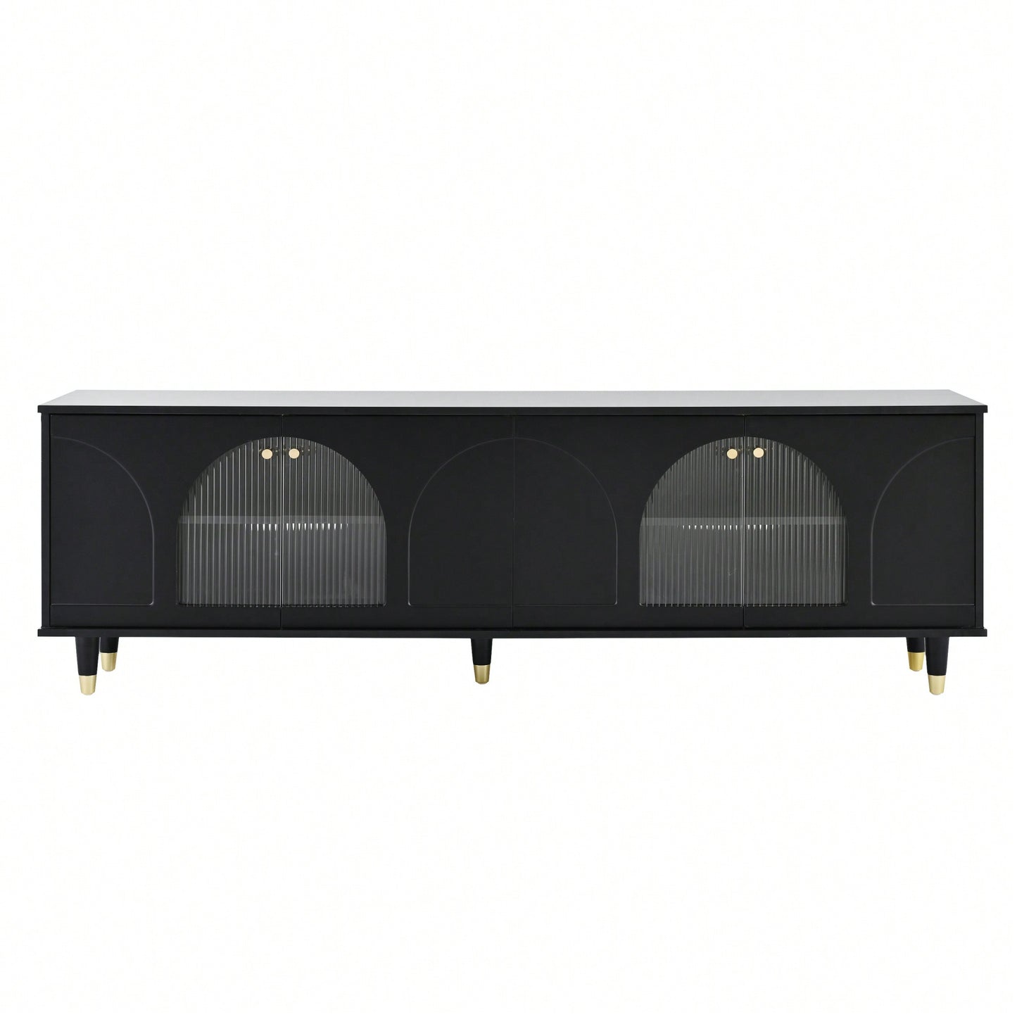 Contemporary White TV Stand for TVs Up to 78 Inches with Adjustable Shelves Gold Handles and Arch Fluted Glass Doors Elegant Media Console
