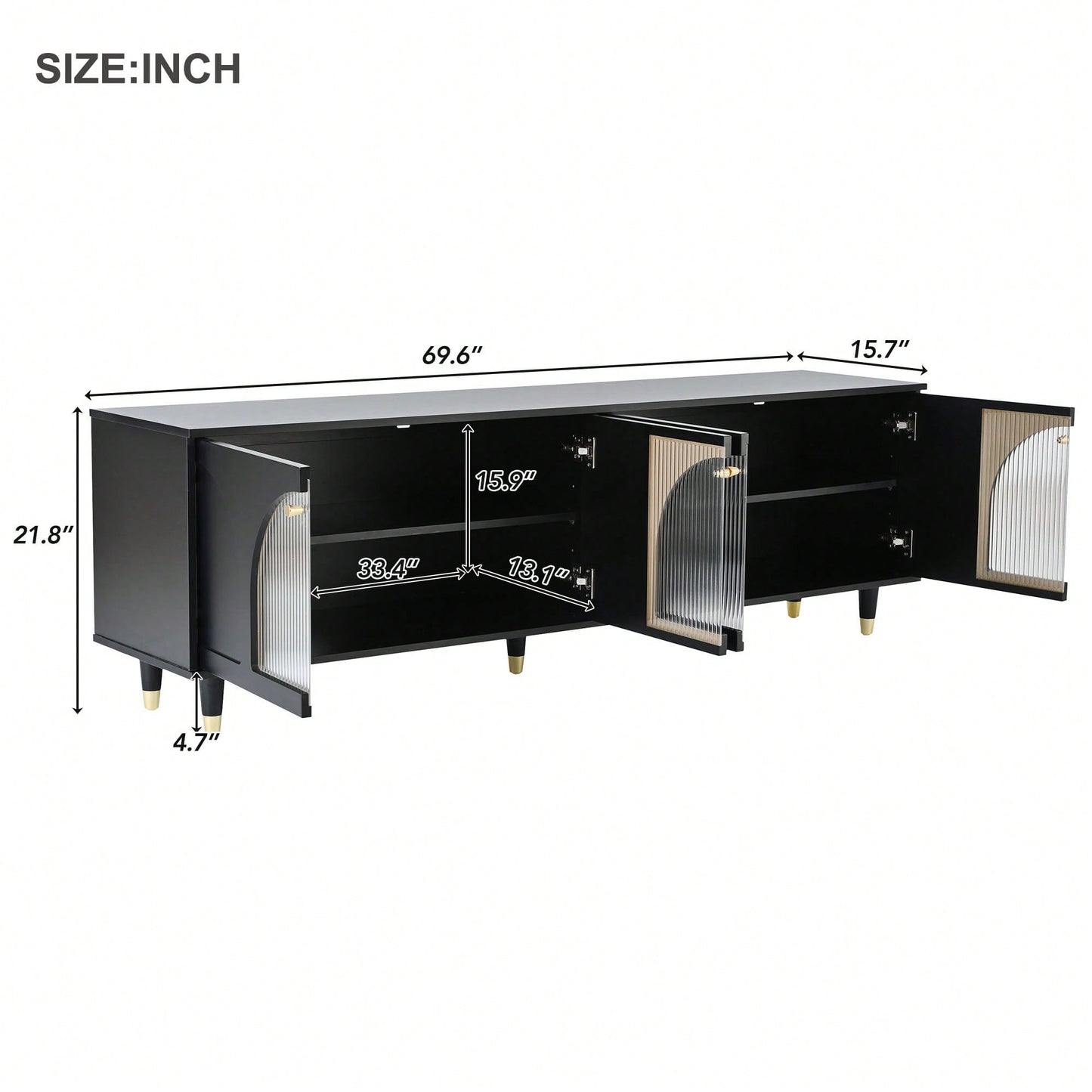Contemporary White TV Stand for TVs Up to 78 Inches with Adjustable Shelves Gold Handles and Arch Fluted Glass Doors Elegant Media Console