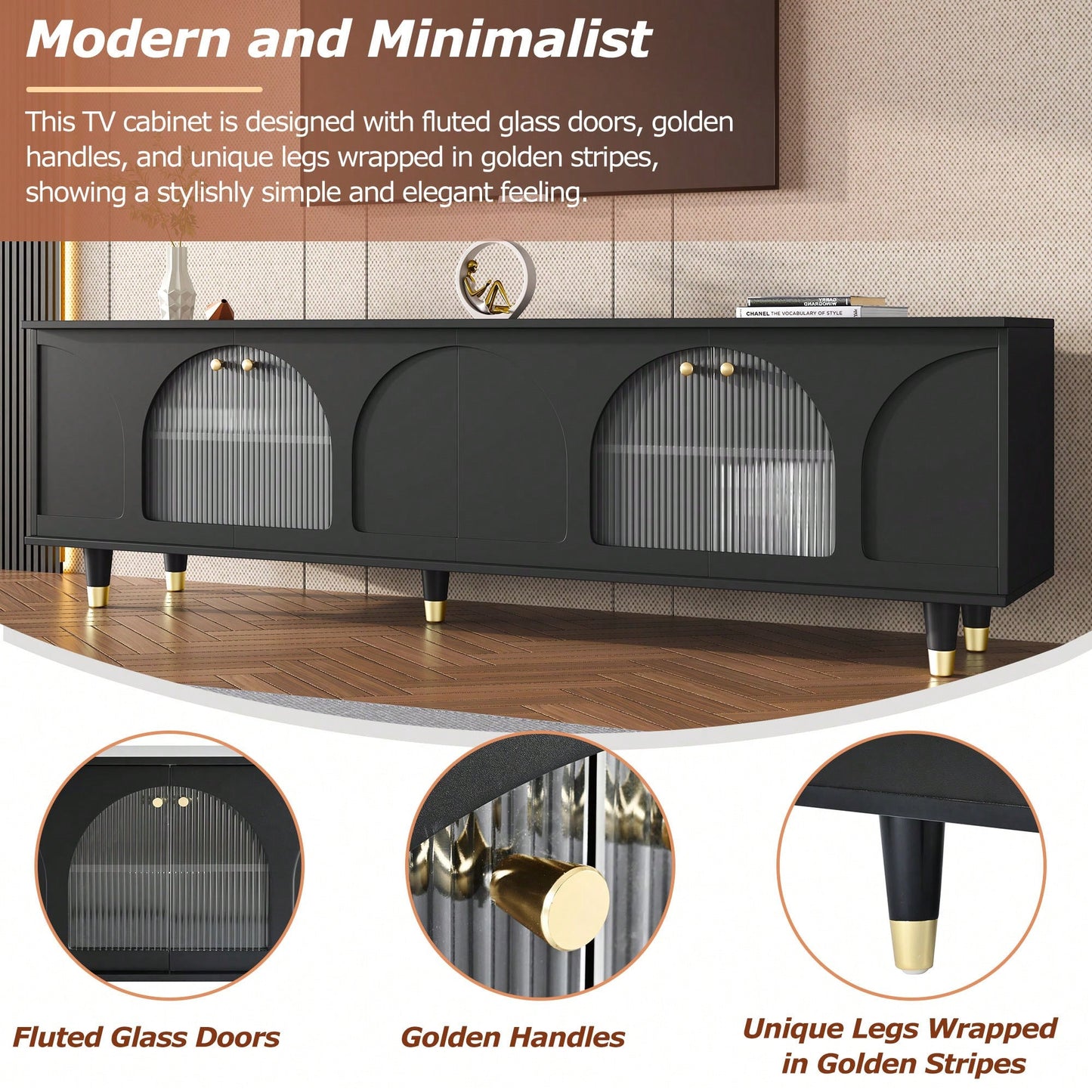 Contemporary White TV Stand for TVs Up to 78 Inches with Adjustable Shelves Gold Handles and Arch Fluted Glass Doors Elegant Media Console