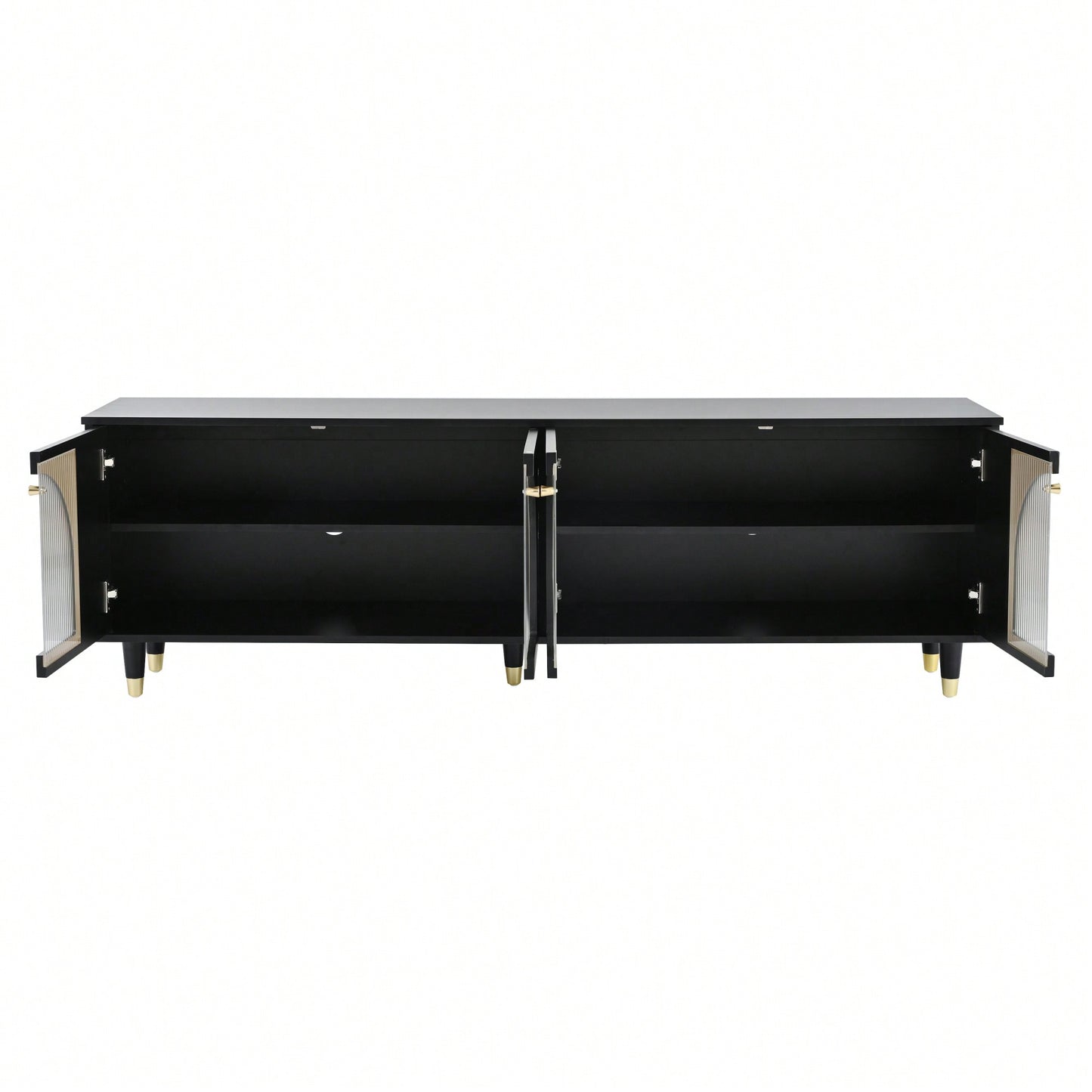 Contemporary White TV Stand for TVs Up to 78 Inches with Adjustable Shelves Gold Handles and Arch Fluted Glass Doors Elegant Media Console