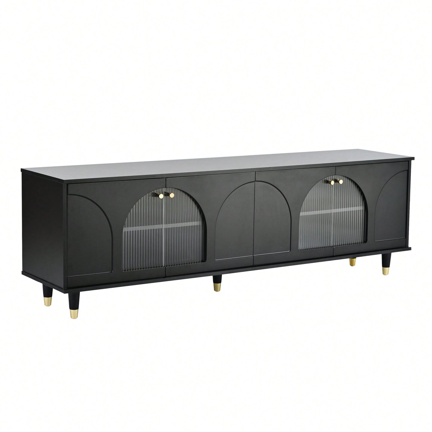Contemporary White TV Stand for TVs Up to 78 Inches with Adjustable Shelves Gold Handles and Arch Fluted Glass Doors Elegant Media Console