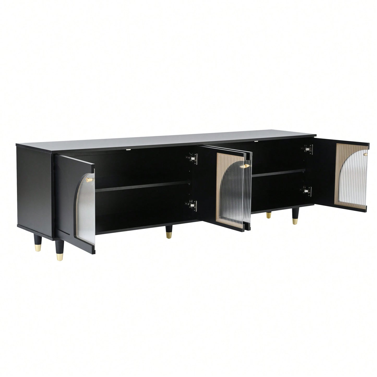 Contemporary White TV Stand for TVs Up to 78 Inches with Adjustable Shelves Gold Handles and Arch Fluted Glass Doors Elegant Media Console