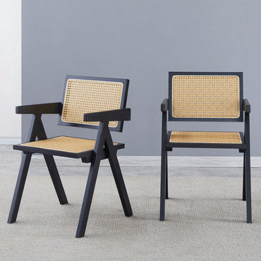 Set Of 2 Rubber Wood Dining Chairs With Rattan Weaving Armrests For Living Room Simple Natural Design Black