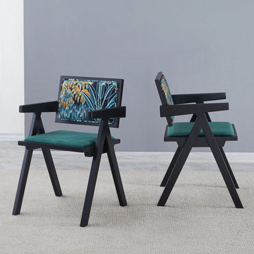 Set Of 2 Medieval Style Black Rubber Wood Dining Chairs With Armrests - Simple Natural Living Room Seating