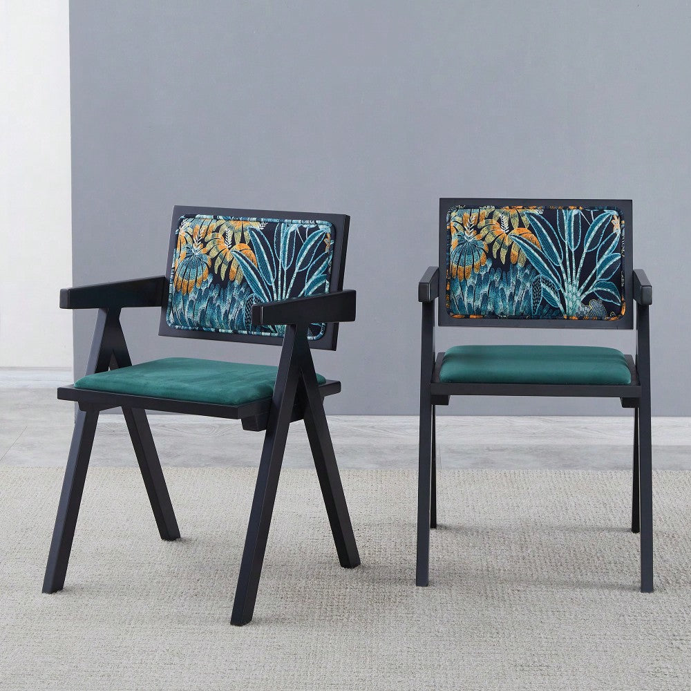 Set Of 2 Medieval Style Black Rubber Wood Dining Chairs With Armrests - Simple Natural Living Room Seating