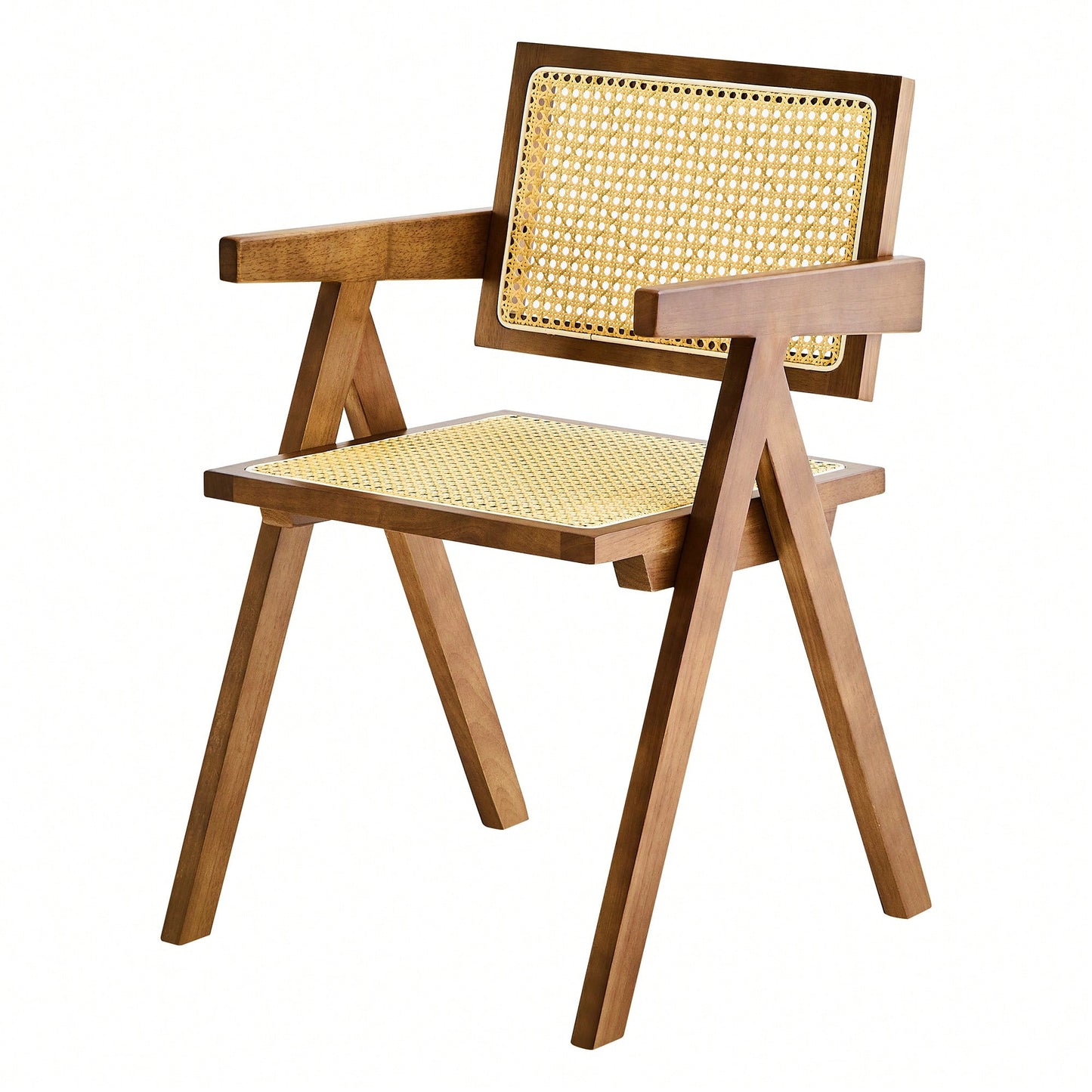 Set Of 2 Rubber Wood Dining Chairs With Rattan Weaving Armrests For Living Room Simple And Elegant Design Natural