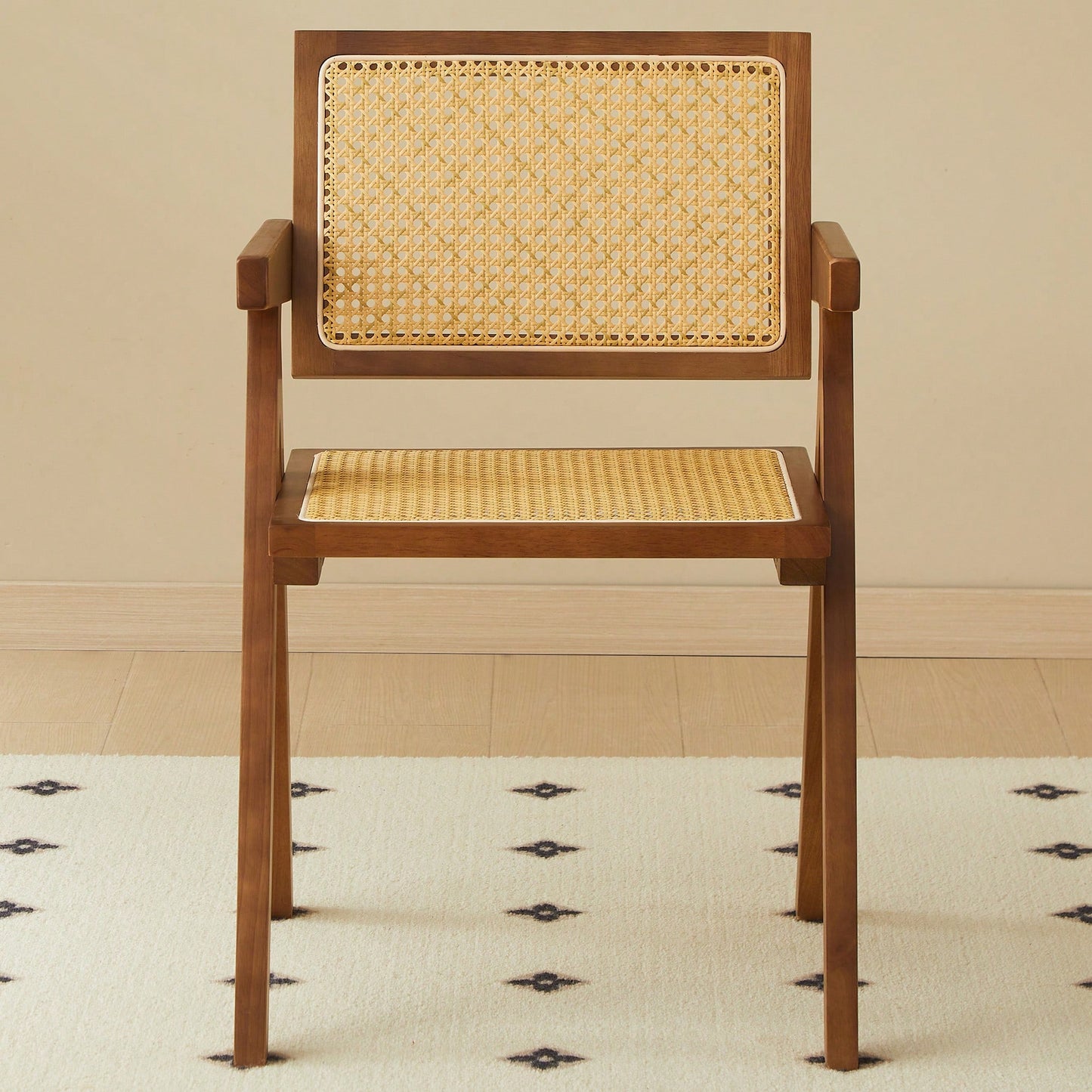 Set Of 2 Rubber Wood Dining Chairs With Rattan Weaving Armrests For Living Room Simple And Elegant Design Natural