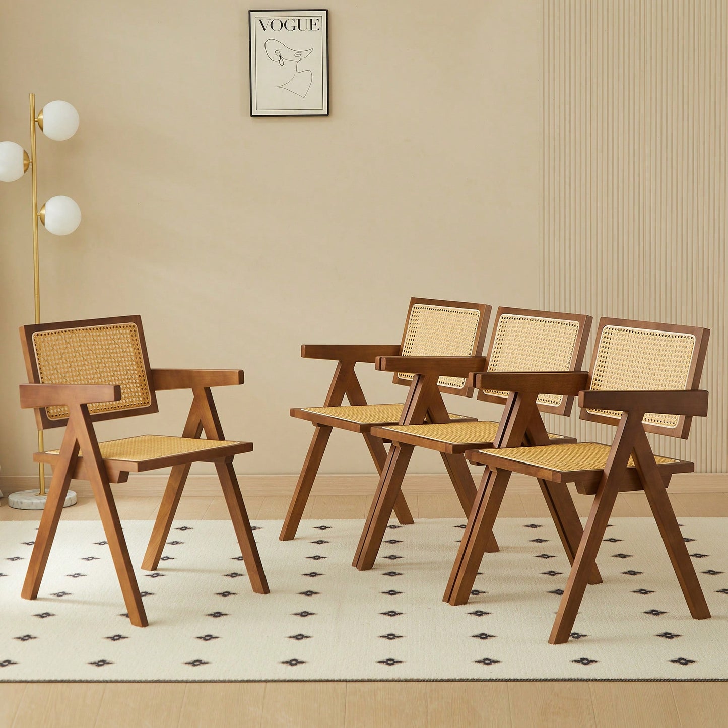 Set Of 2 Rubber Wood Dining Chairs With Rattan Weaving Armrests For Living Room Simple And Elegant Design Natural