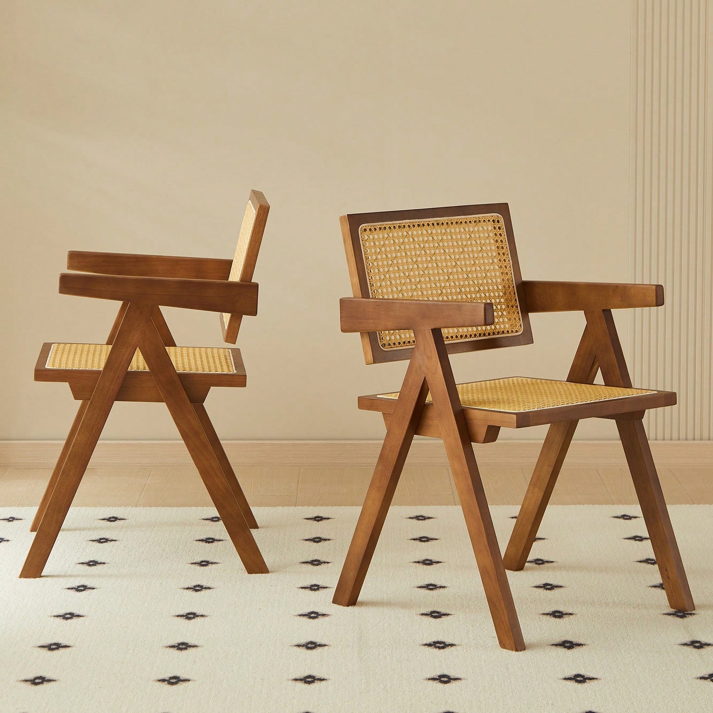 Set Of 2 Rubber Wood Dining Chairs With Rattan Weaving Armrests For Living Room Simple And Elegant Design Natural