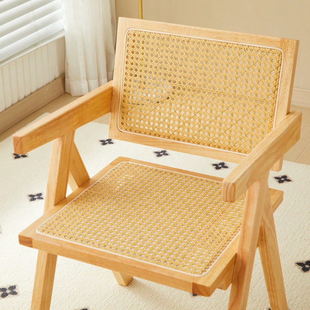 Set Of 2 Rubber Wood Dining Chairs With Rattan Weaving Armrests For Living Room Simple And Elegant Design Natural