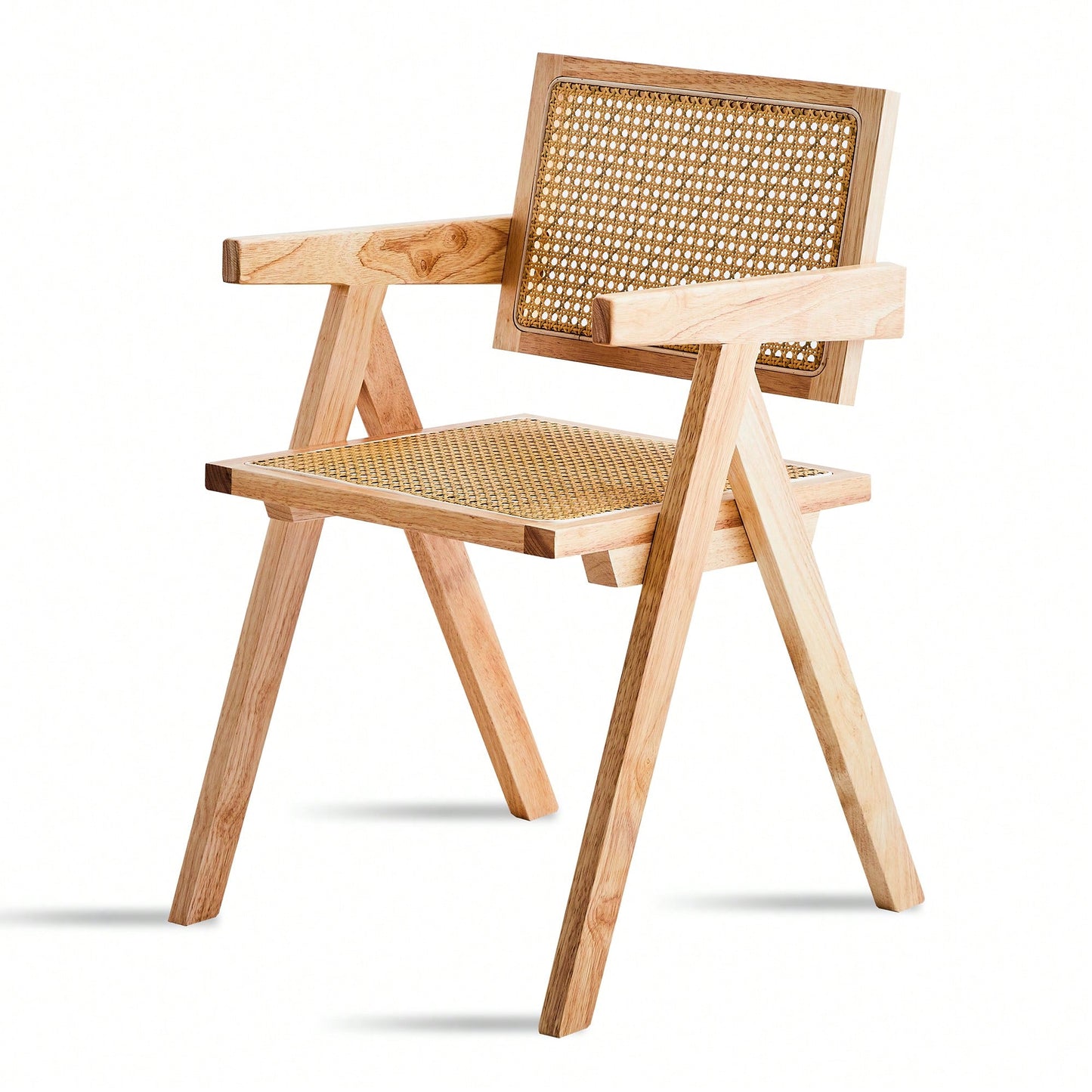 Set Of 2 Rubber Wood Dining Chairs With Rattan Weaving Armrests For Living Room Simple And Elegant Design Natural