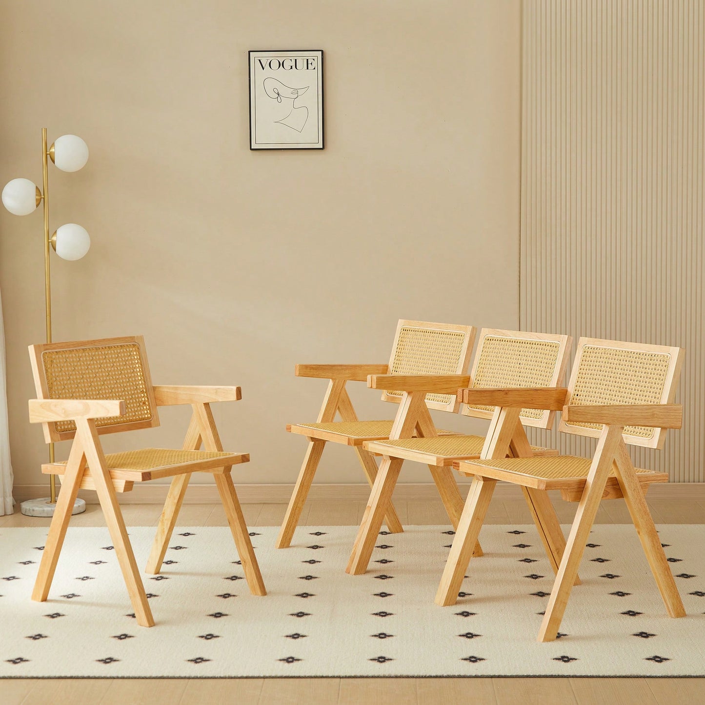 Set Of 2 Rubber Wood Dining Chairs With Rattan Weaving Armrests For Living Room Simple And Elegant Design Natural