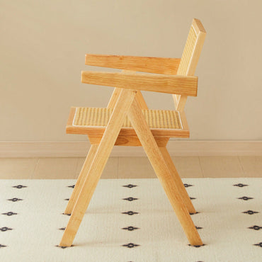 Set Of 2 Rubber Wood Dining Chairs With Rattan Weaving Armrests For Living Room Simple And Elegant Design Natural