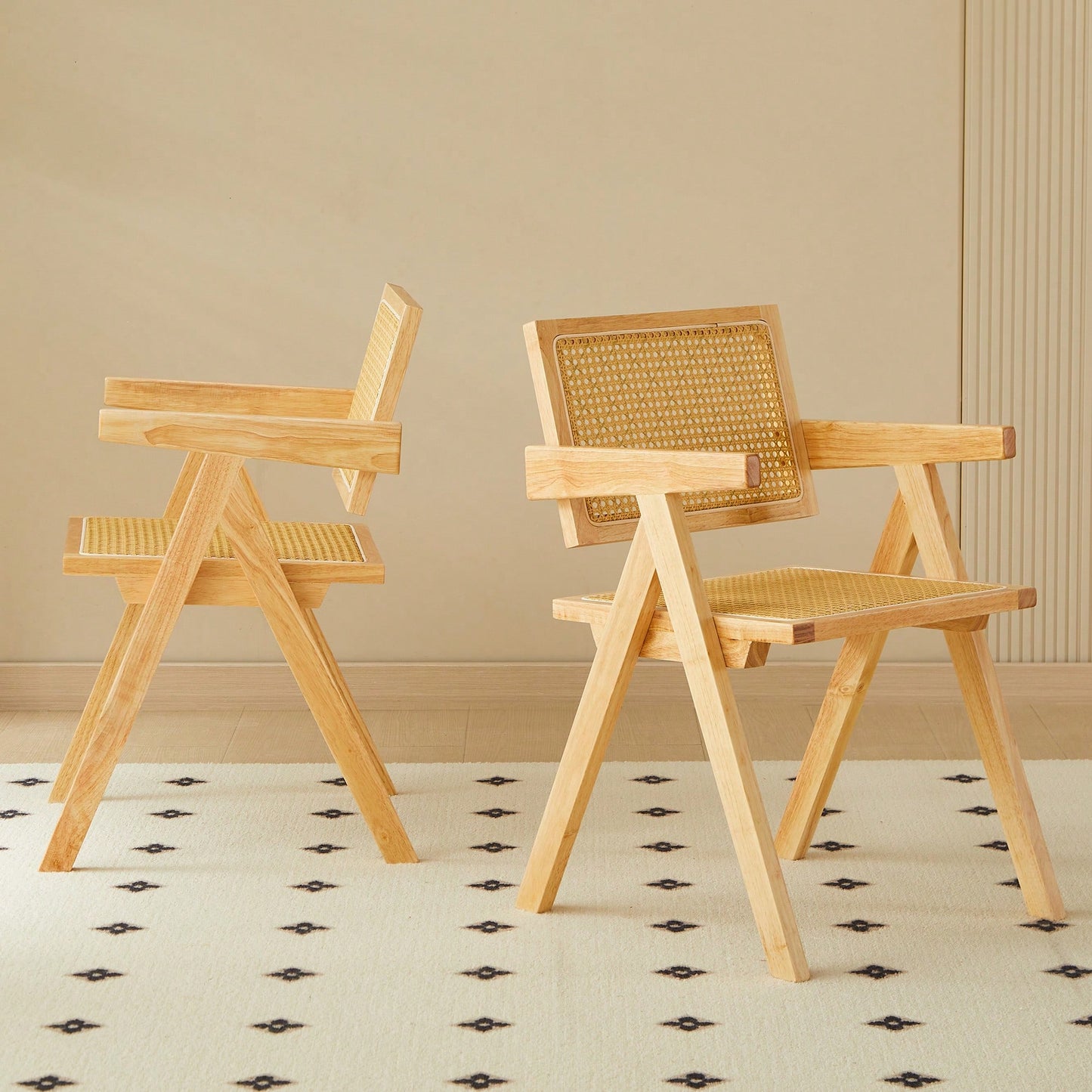 Set Of 2 Rubber Wood Dining Chairs With Rattan Weaving Armrests For Living Room Simple And Elegant Design Natural