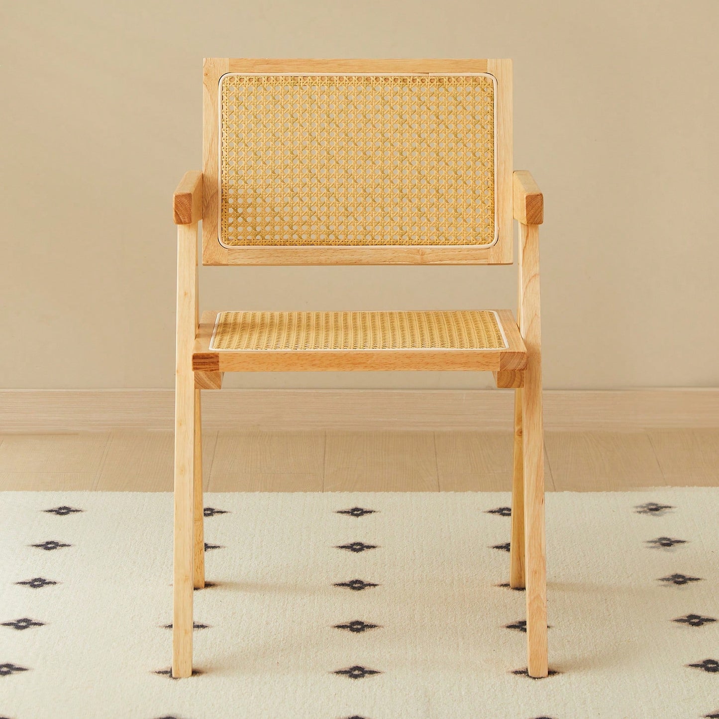 Set Of 2 Rubber Wood Dining Chairs With Rattan Weaving Armrests For Living Room Simple And Elegant Design Natural