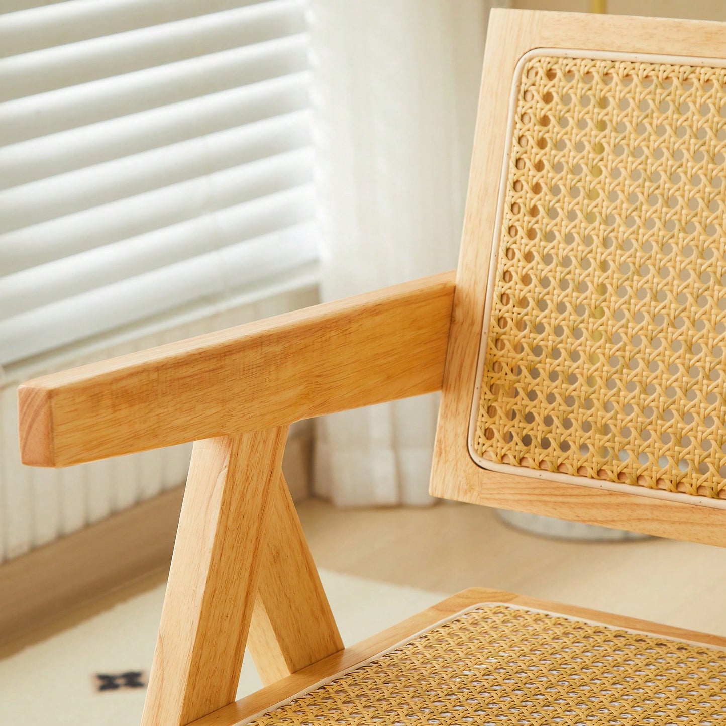 Set Of 2 Rubber Wood Dining Chairs With Rattan Weaving Armrests For Living Room Simple And Elegant Design Natural