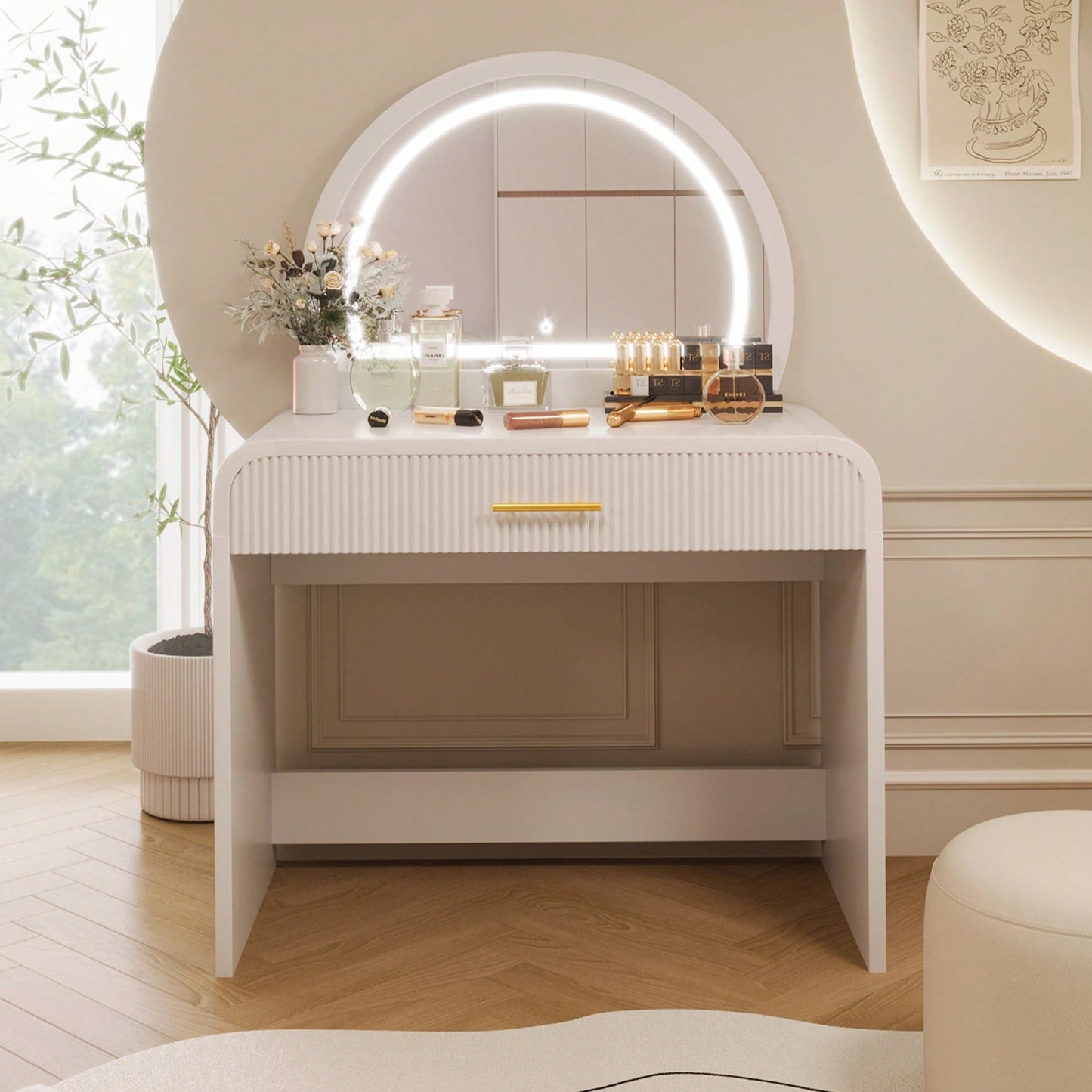 39 Inch White Makeup Vanity Table With Touch Screen Lighted Mirror And Drawer For Bedroom Storage