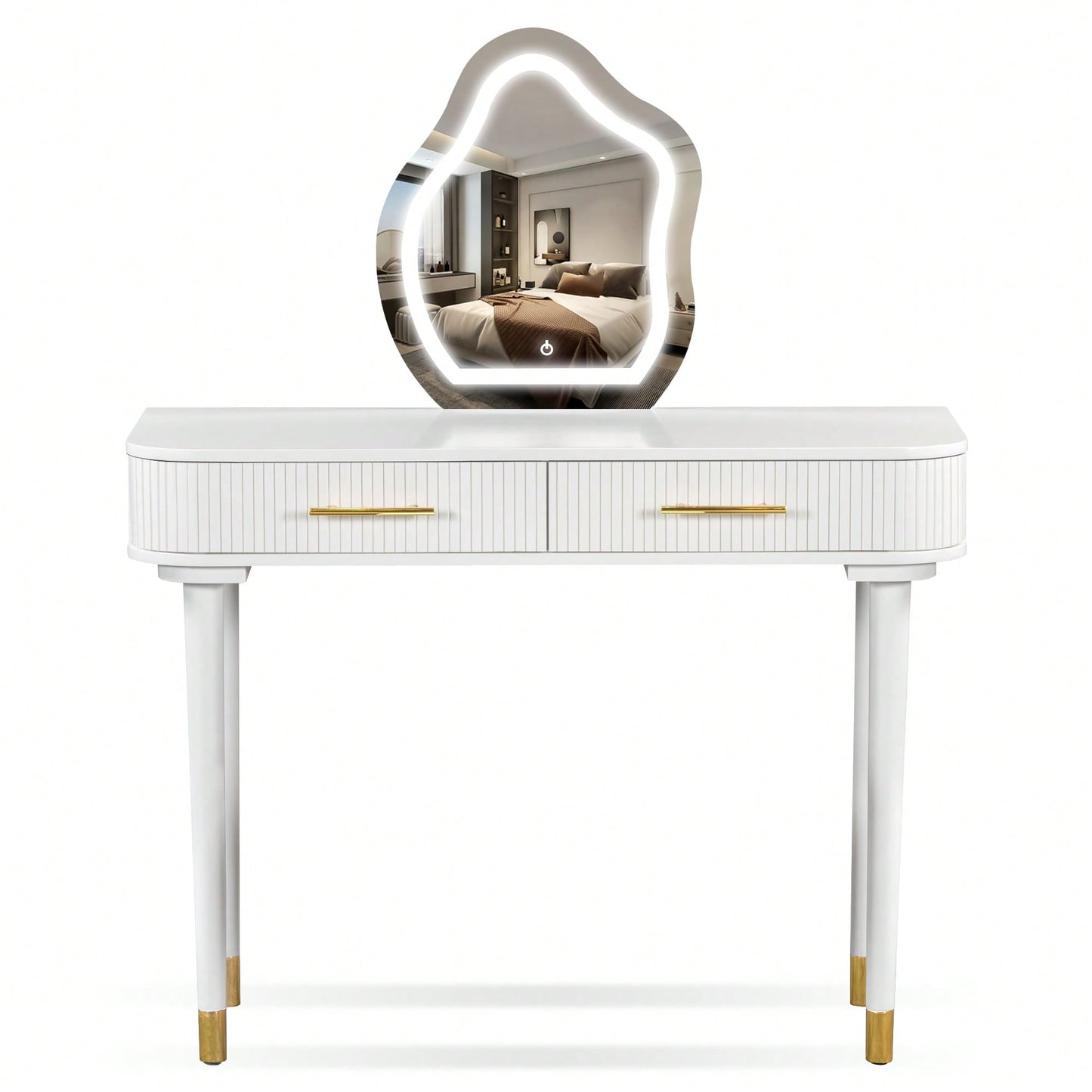 Elegant 40 Inch Vanity Table Set With Touch Screen Lighted Mirror And Cushioned Stool, Features 2 Large Drawers, Stylish White Finish