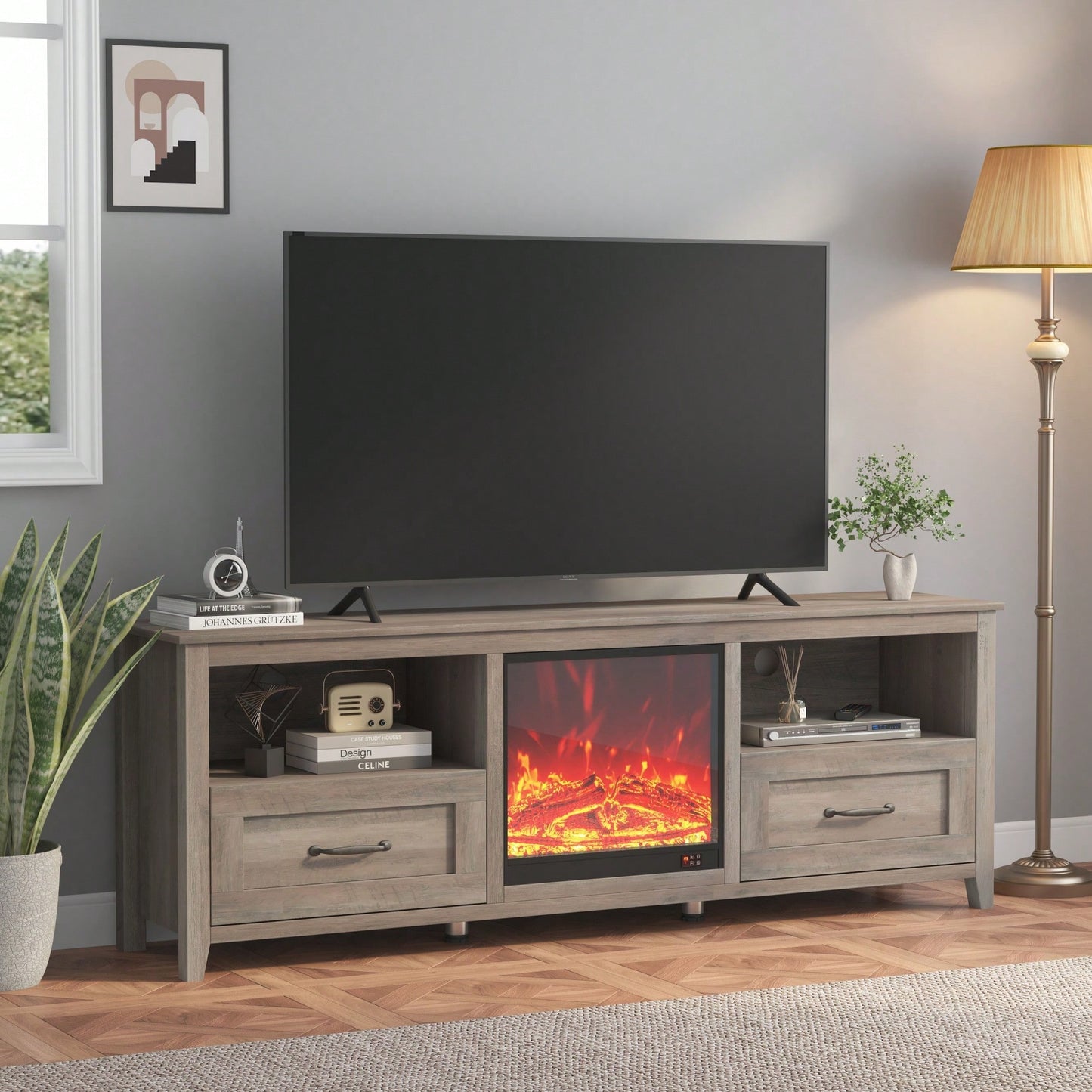 70 Inch Modern TV Stand with 2 Drawers and 4 Storage Compartments in Grey Walnut Finish Perfect for Living Room or Bedroom Fireplace Setup
