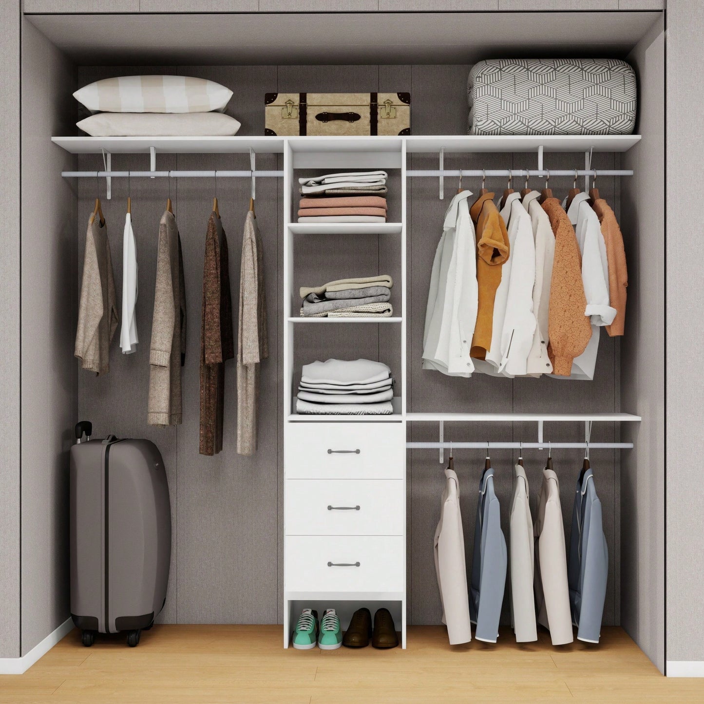 8FT Walk-In Closet Organizer Adjustable Shelves Expandable Hanger Rods Drawers Built-In Garment Rack 96L X 16W X 82H White Supports 1000LBS