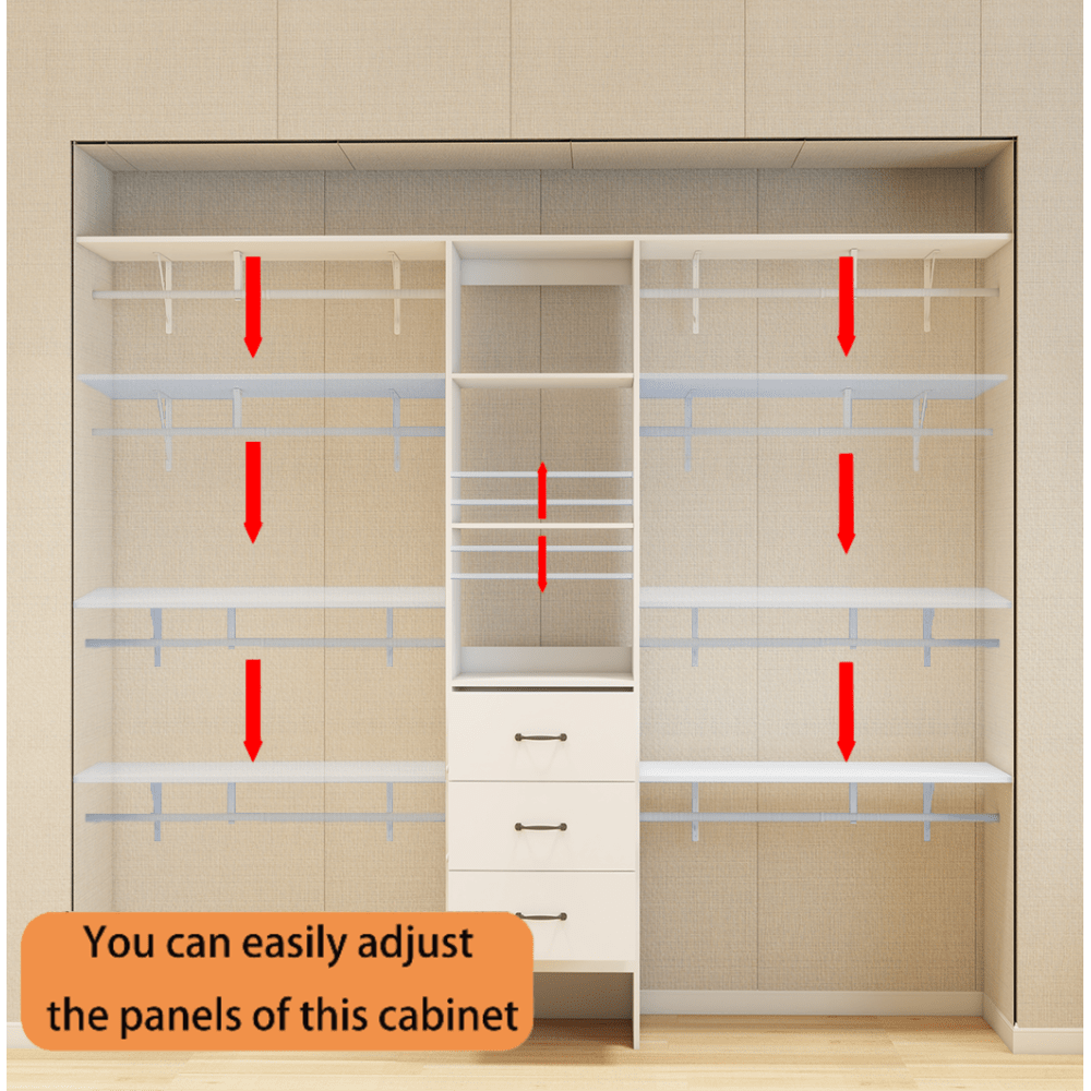8FT Walk-In Closet Organizer Adjustable Shelves Expandable Hanger Rods Drawers Built-In Garment Rack 96L X 16W X 82H White Supports 1000LBS
