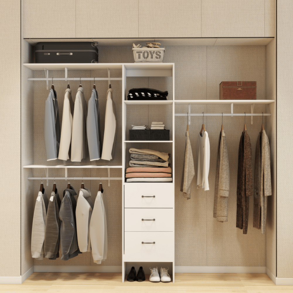 8FT Walk-In Closet Organizer Adjustable Shelves Expandable Hanger Rods Drawers Built-In Garment Rack 96L X 16W X 82H White Supports 1000LBS