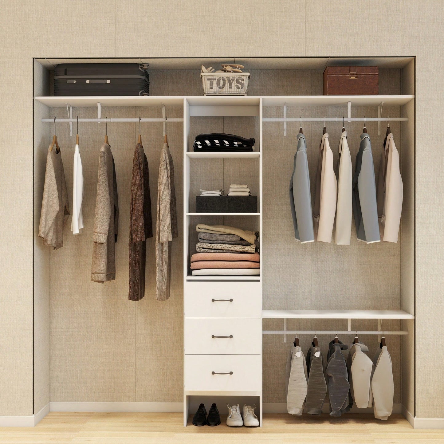 8FT Walk-In Closet Organizer Adjustable Shelves Expandable Hanger Rods Drawers Built-In Garment Rack 96L X 16W X 82H White Supports 1000LBS