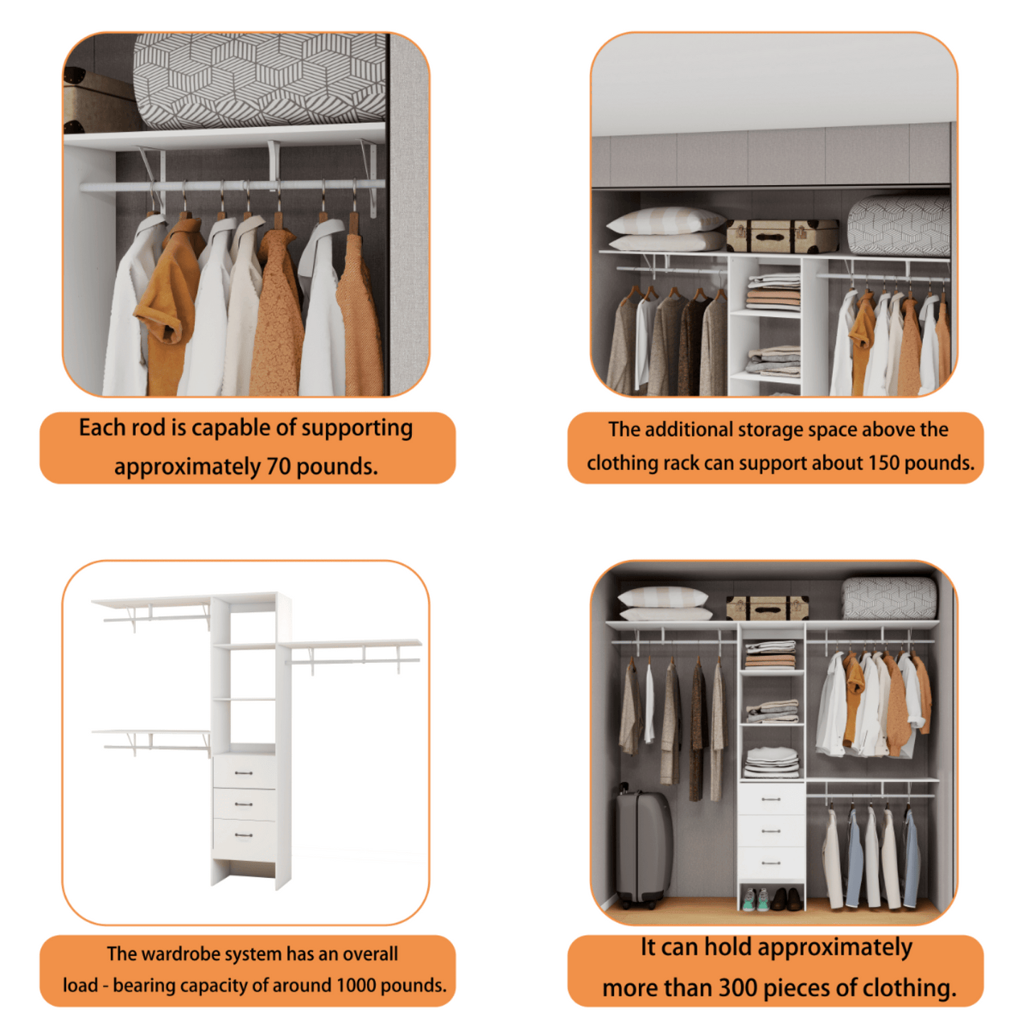 8FT Walk-In Closet Organizer Adjustable Shelves Expandable Hanger Rods Drawers Built-In Garment Rack 96L X 16W X 82H White Supports 1000LBS