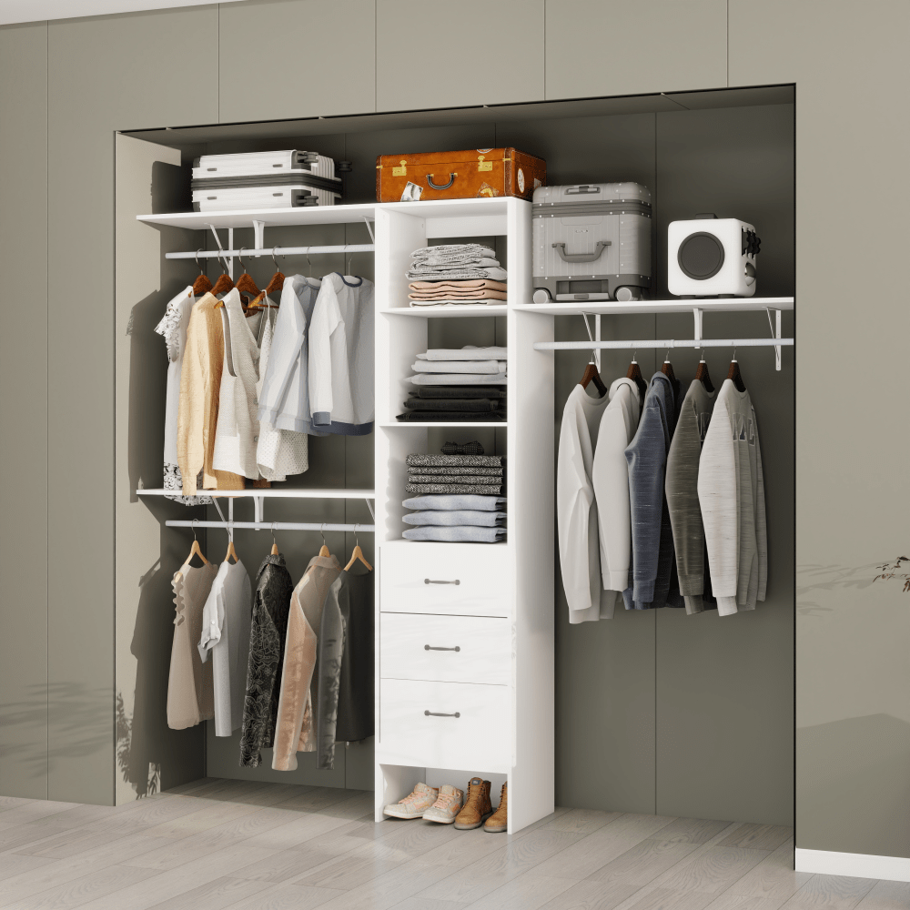 8FT Walk-In Closet Organizer Adjustable Shelves Expandable Hanger Rods Drawers Built-In Garment Rack 96L X 16W X 82H White Supports 1000LBS
