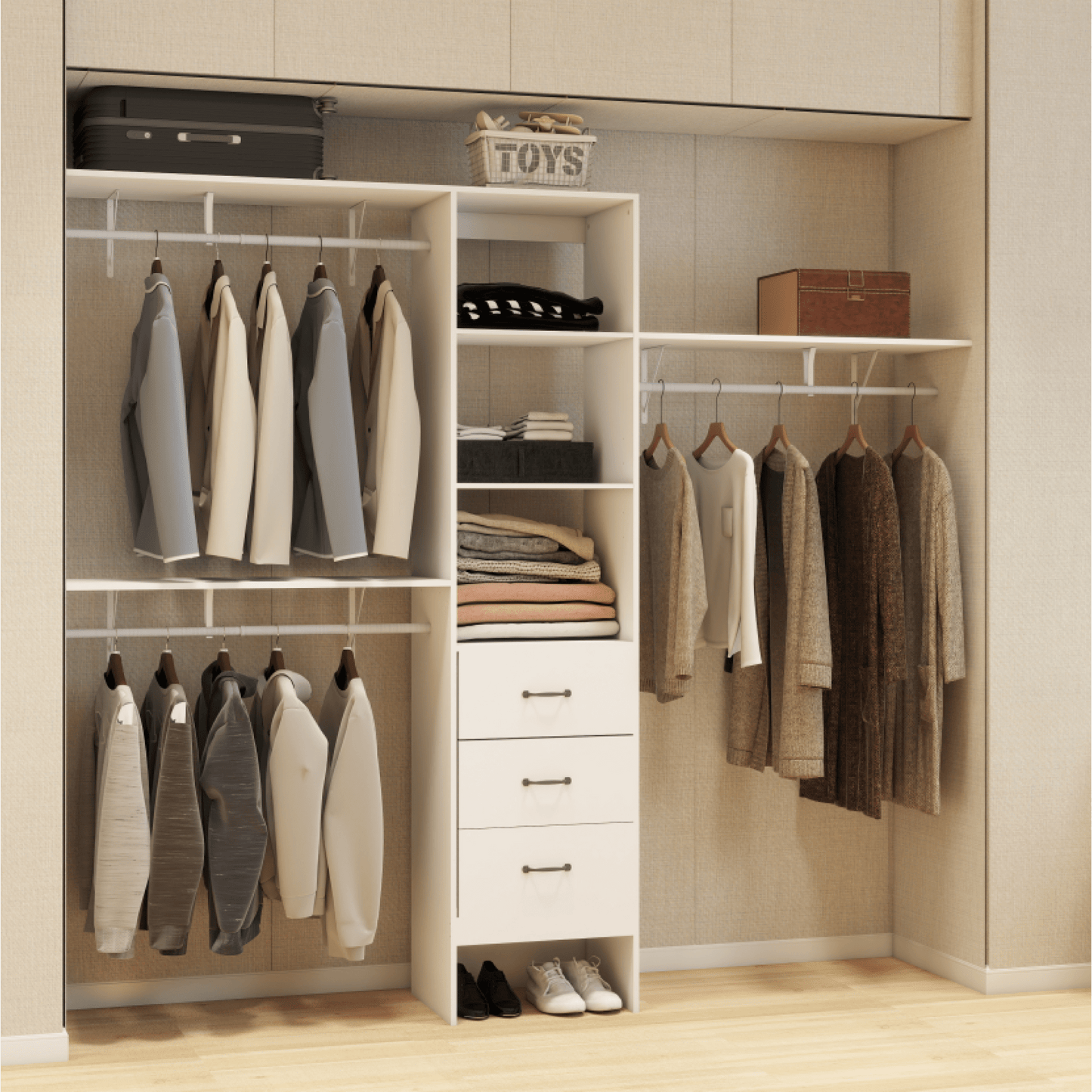 8FT Walk-In Closet Organizer Adjustable Shelves Expandable Hanger Rods Drawers Built-In Garment Rack 96L X 16W X 82H White Supports 1000LBS