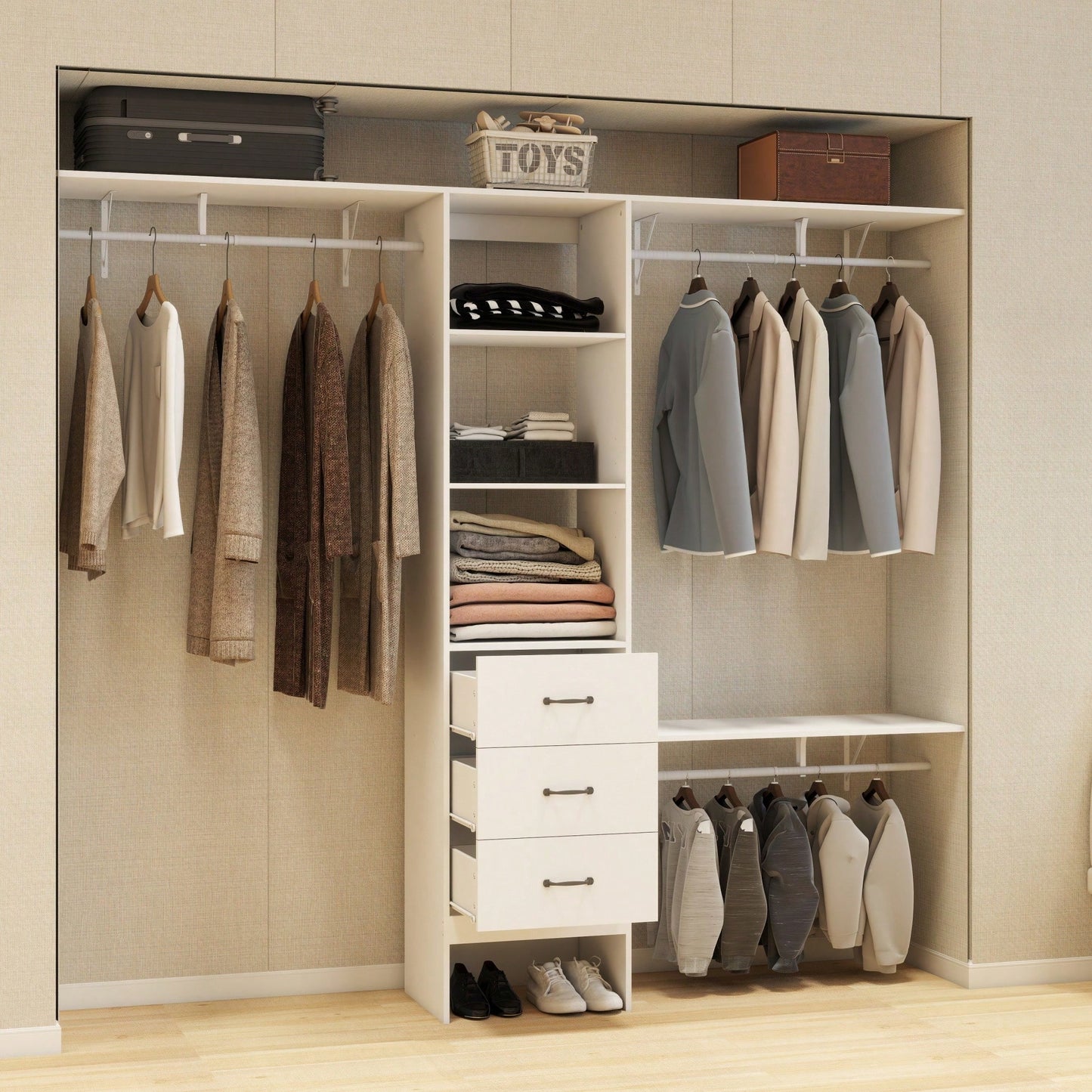 8FT Walk-In Closet Organizer Adjustable Shelves Expandable Hanger Rods Drawers Built-In Garment Rack 96L X 16W X 82H White Supports 1000LBS