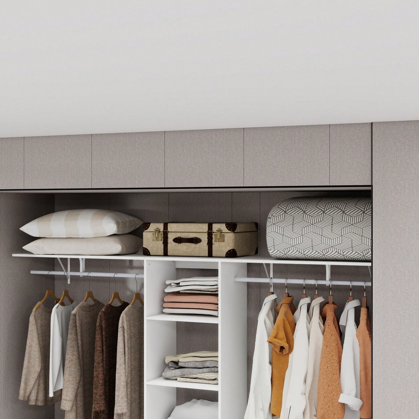 8FT Walk-In Closet Organizer Adjustable Shelves Expandable Hanger Rods Drawers Built-In Garment Rack 96L X 16W X 82H White Supports 1000LBS