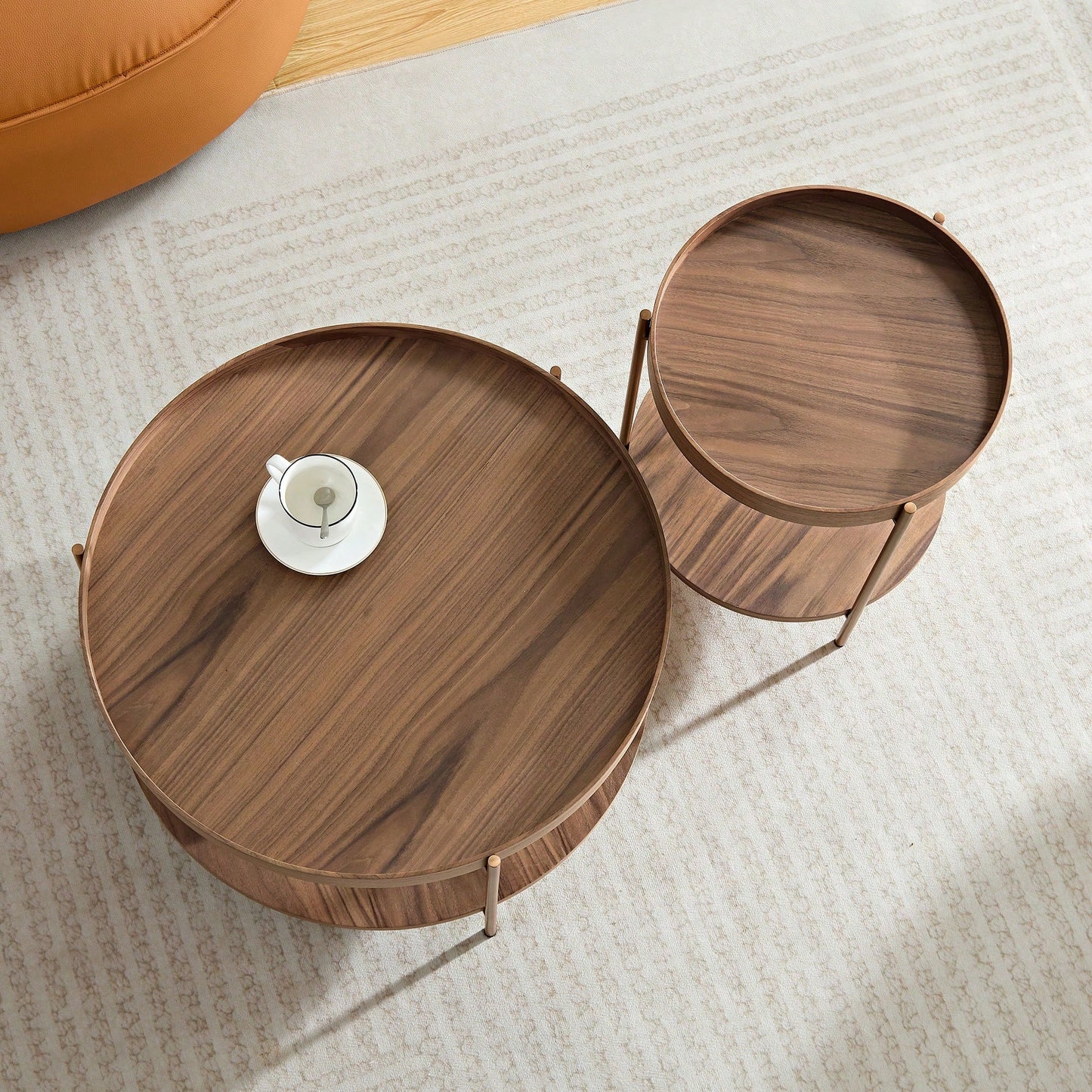 Modern 2-Tier Round Nesting Coffee Table Set For Living Room Easy Assembly Black MDF Side Tables For Bedroom Office Balcony Yard