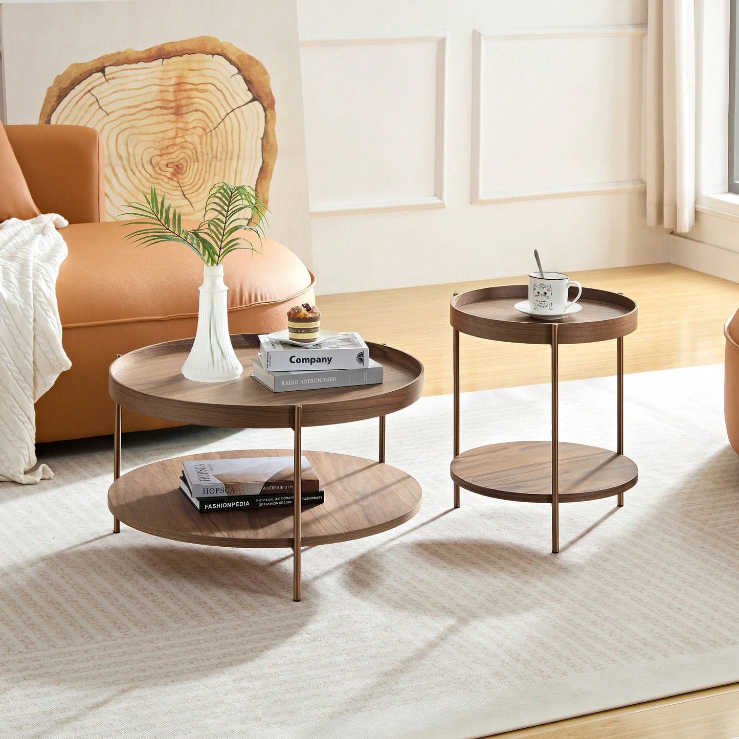 Modern 2-Tier Round Nesting Coffee Table Set For Living Room Easy Assembly Black MDF Side Tables For Bedroom Office Balcony Yard