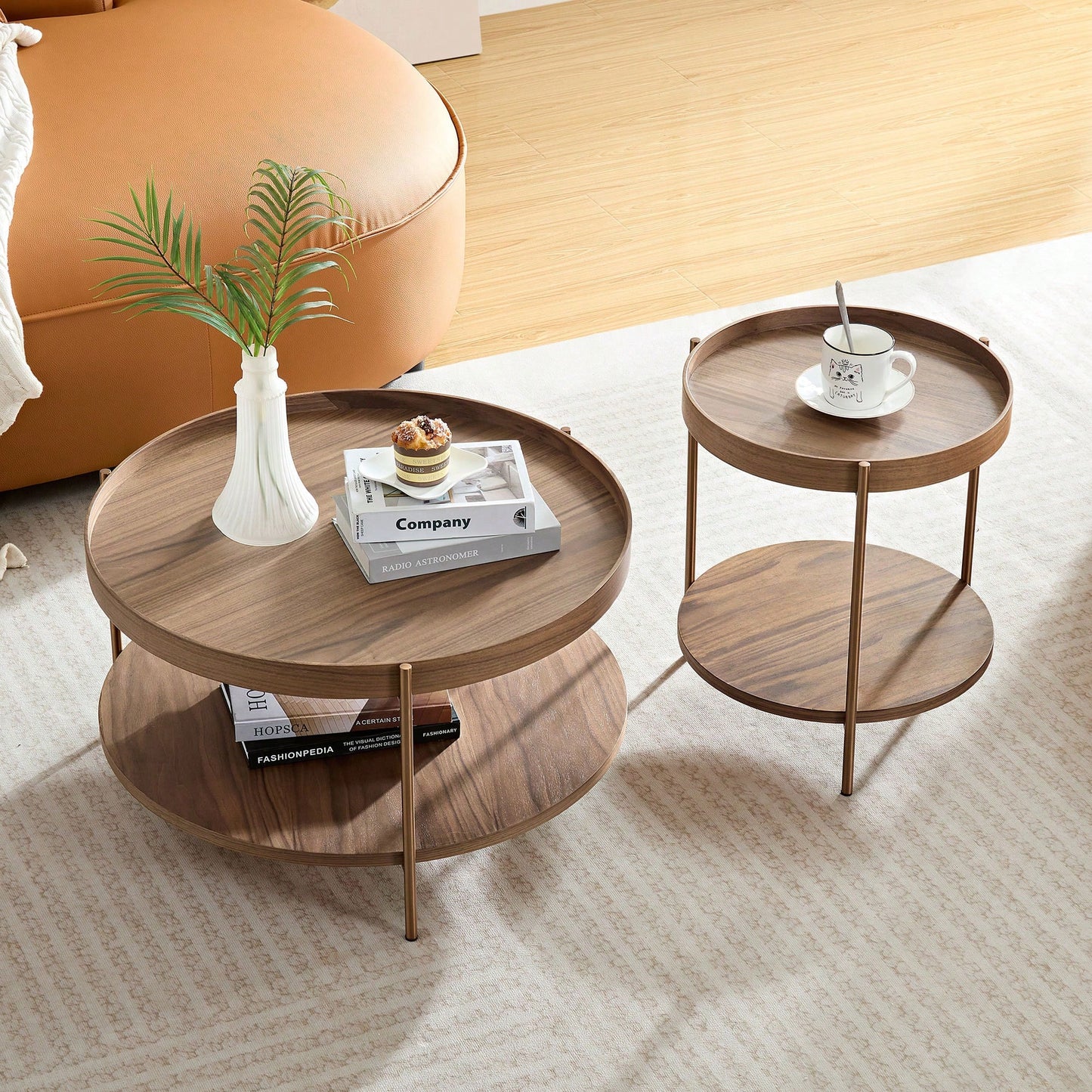 Modern 2-Tier Round Nesting Coffee Table Set For Living Room Easy Assembly Black MDF Side Tables For Bedroom Office Balcony Yard