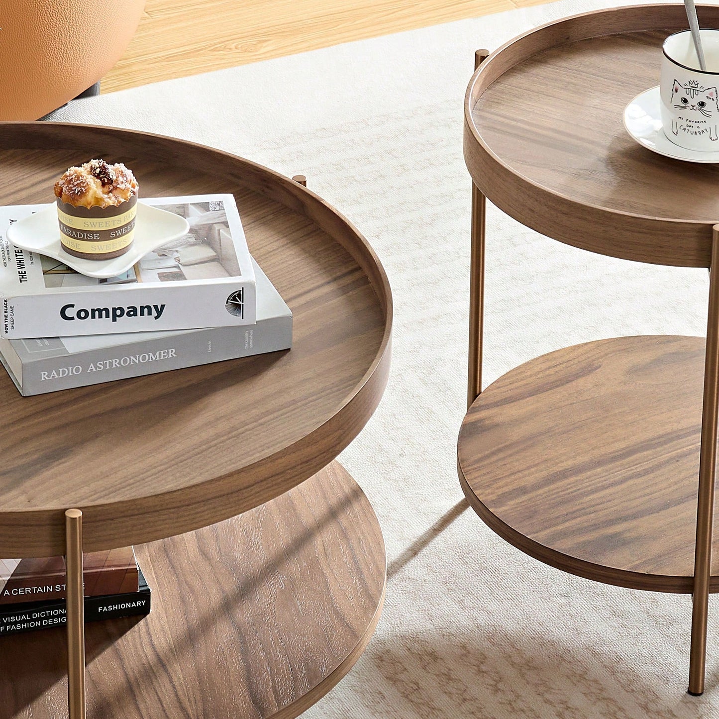 Modern 2-Tier Round Nesting Coffee Table Set For Living Room Easy Assembly Black MDF Side Tables For Bedroom Office Balcony Yard