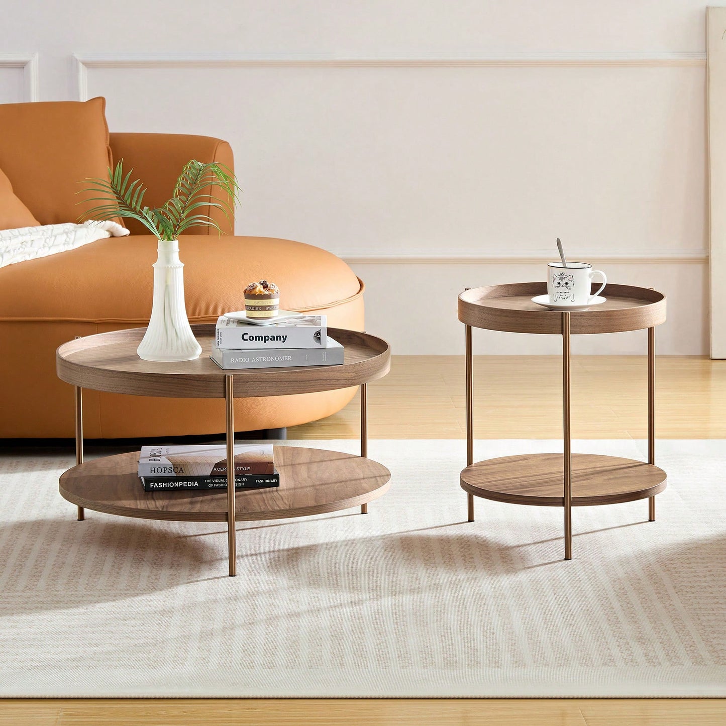 Modern 2-Tier Round Nesting Coffee Table Set For Living Room Easy Assembly Black MDF Side Tables For Bedroom Office Balcony Yard