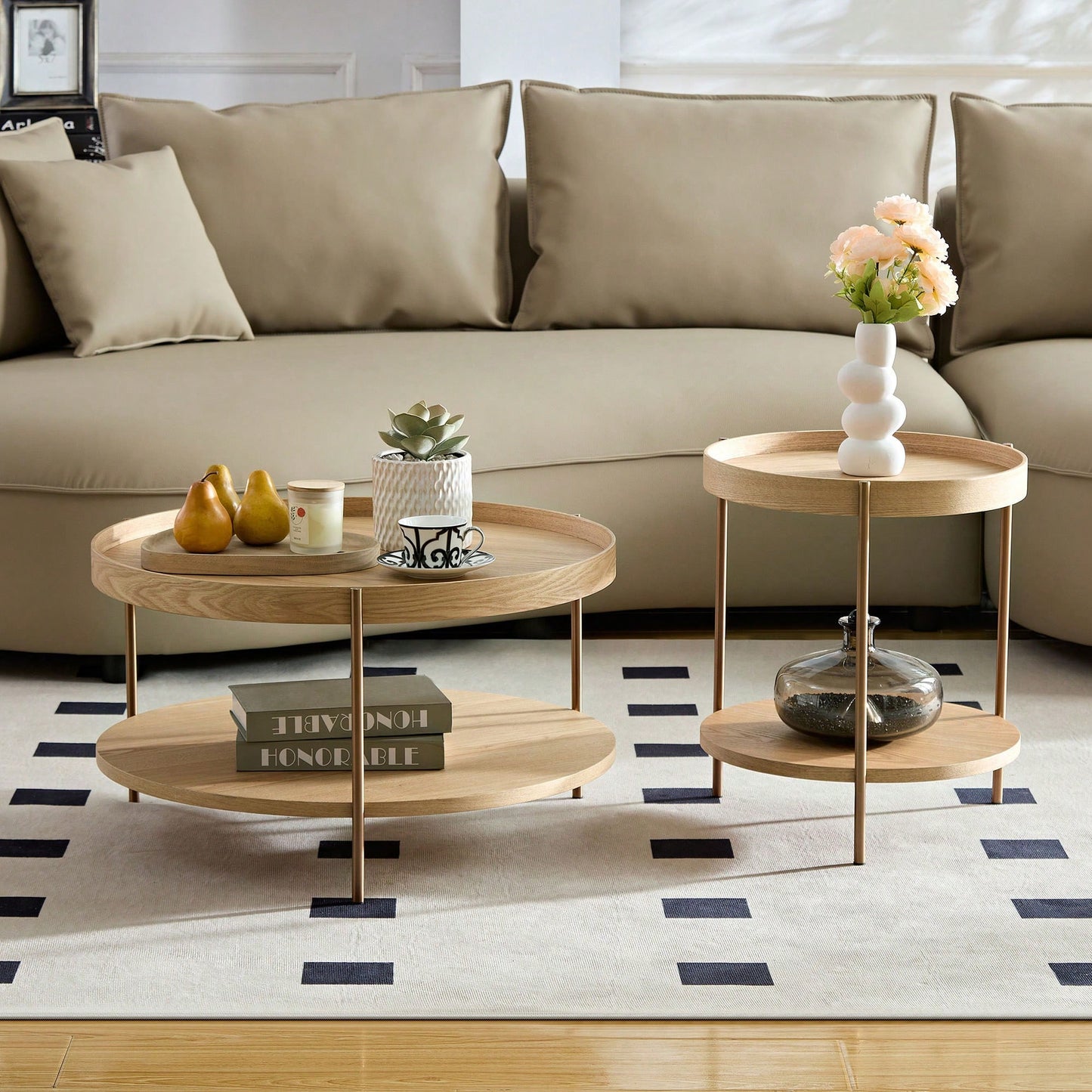 Modern 2-Tier Round Nesting Coffee Table Set For Living Room Easy Assembly Black MDF Side Tables For Bedroom Office Balcony Yard