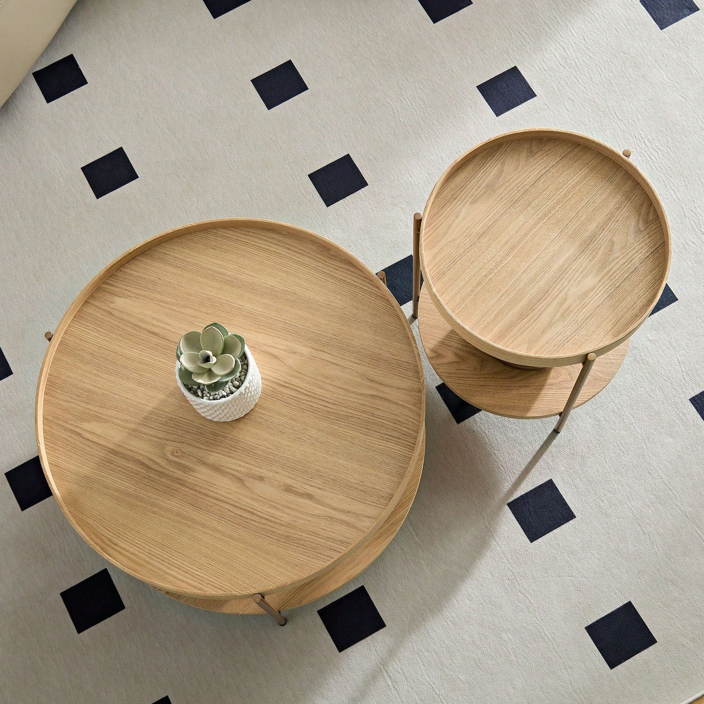 Modern 2-Tier Round Nesting Coffee Table Set For Living Room Easy Assembly Black MDF Side Tables For Bedroom Office Balcony Yard