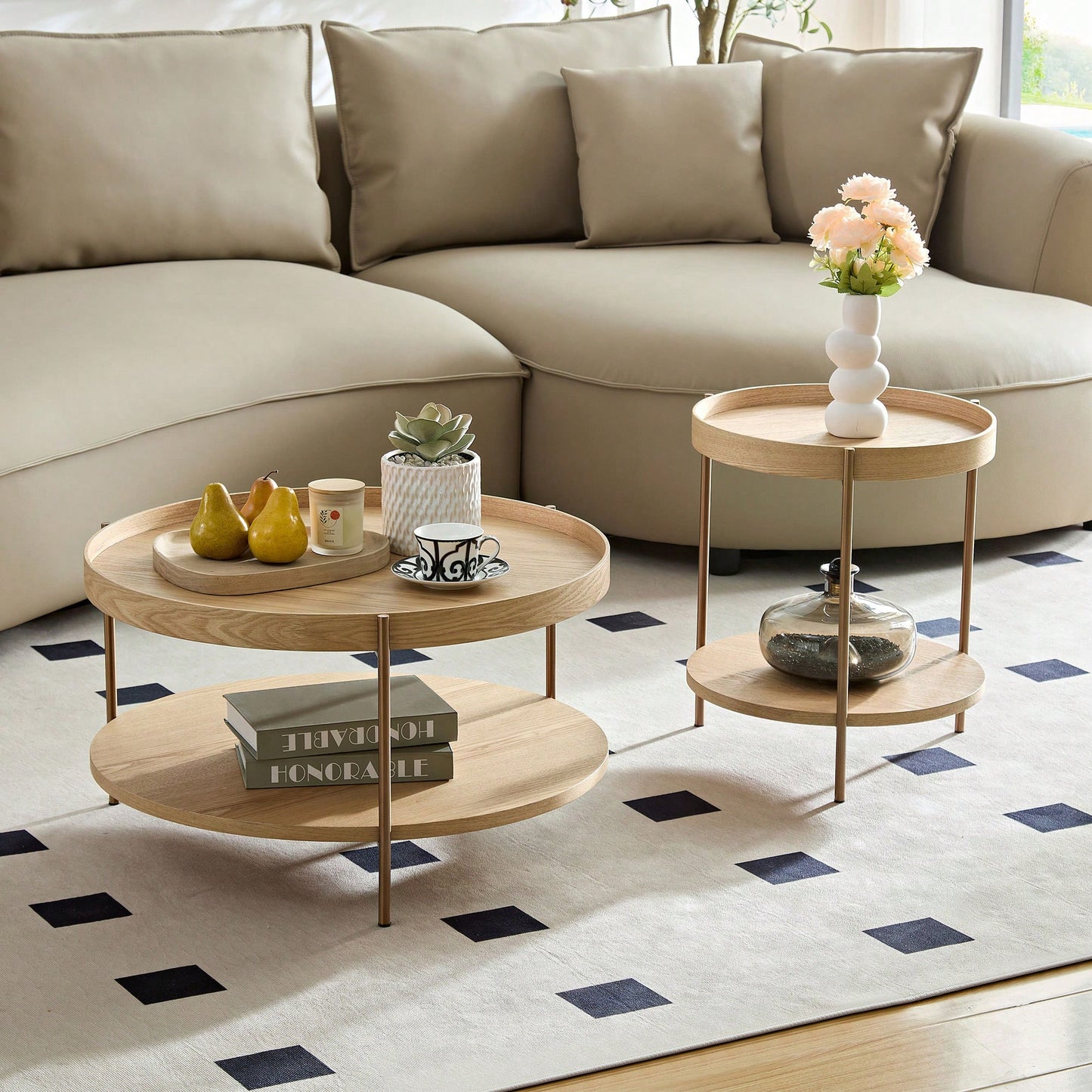 Modern 2-Tier Round Nesting Coffee Table Set For Living Room Easy Assembly Black MDF Side Tables For Bedroom Office Balcony Yard