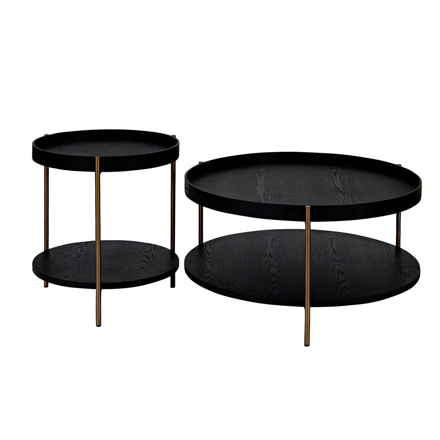 Modern 2-Tier Round Nesting Coffee Table Set For Living Room Easy Assembly Black MDF Side Tables For Bedroom Office Balcony Yard