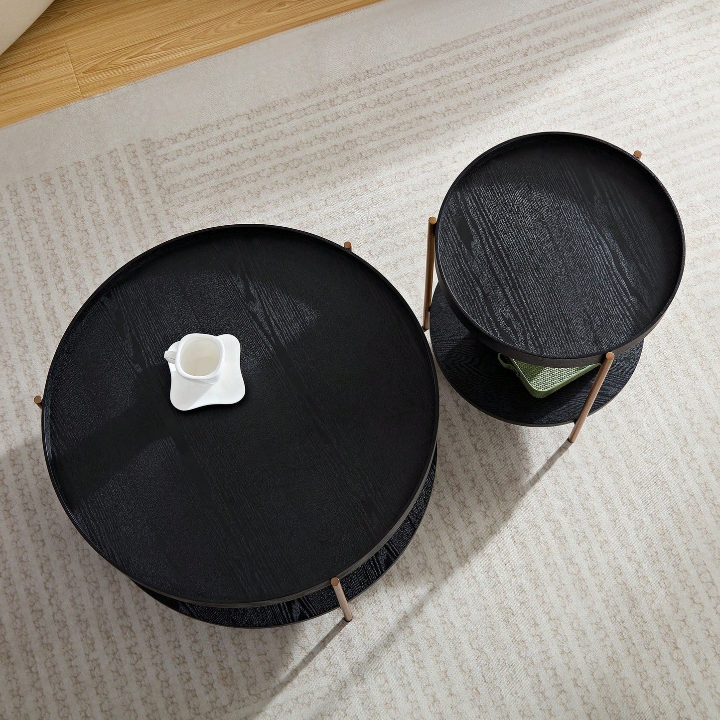 Modern 2-Tier Round Nesting Coffee Table Set For Living Room Easy Assembly Black MDF Side Tables For Bedroom Office Balcony Yard