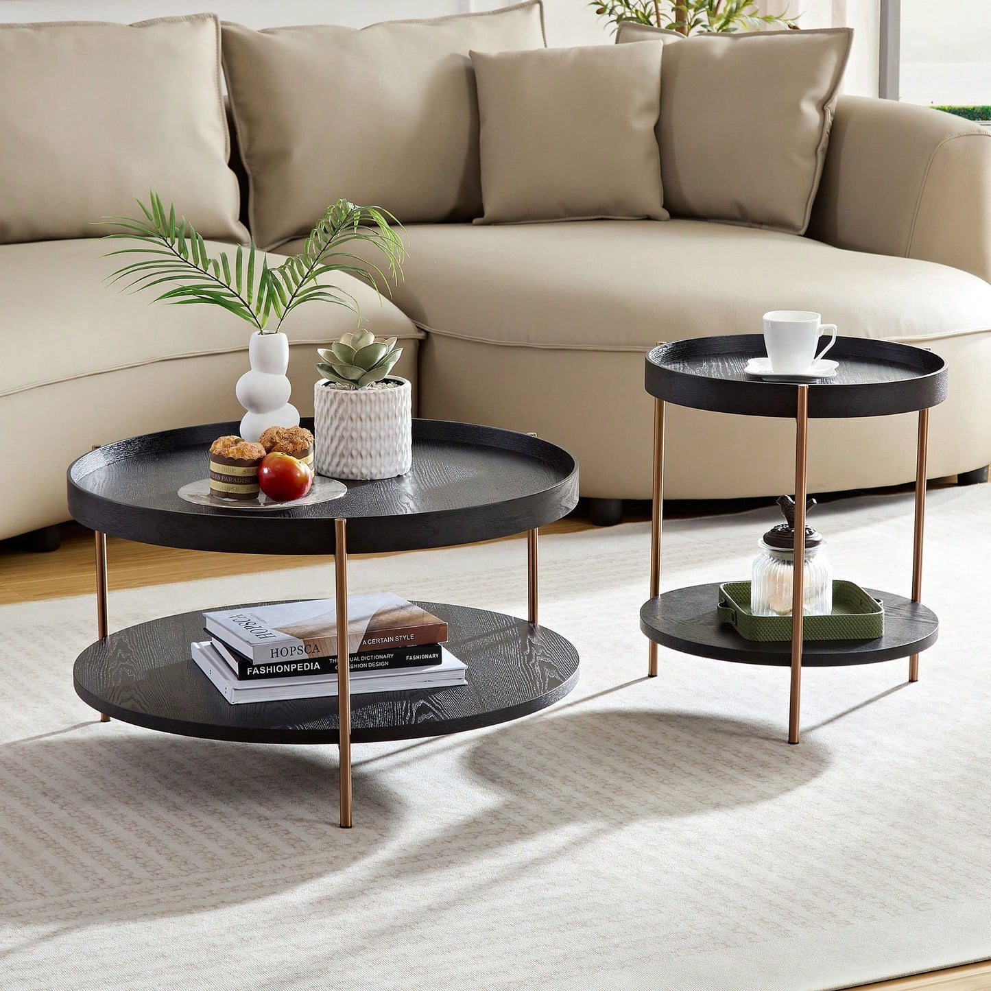 Modern 2-Tier Round Nesting Coffee Table Set For Living Room Easy Assembly Black MDF Side Tables For Bedroom Office Balcony Yard