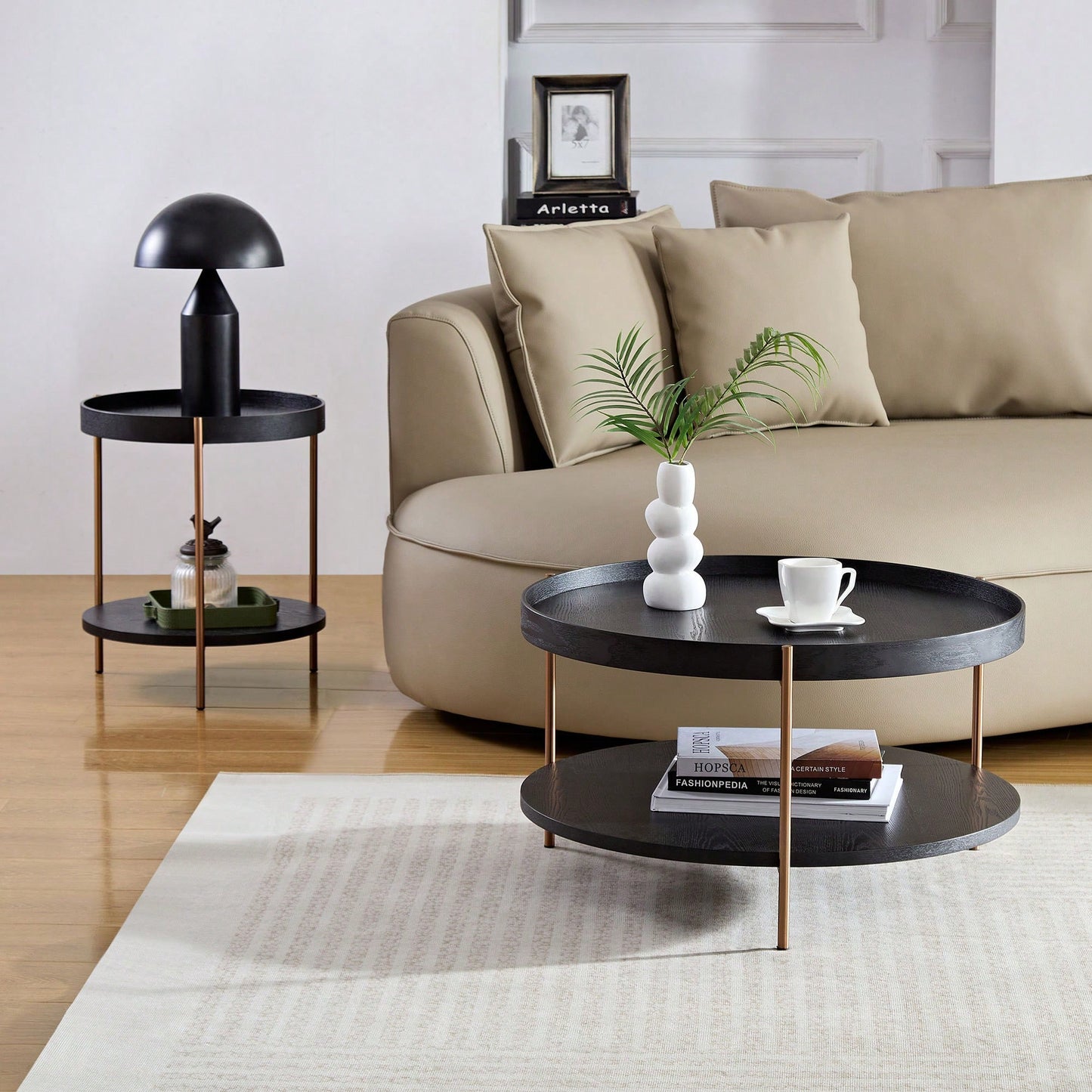 Modern 2-Tier Round Nesting Coffee Table Set For Living Room Easy Assembly Black MDF Side Tables For Bedroom Office Balcony Yard