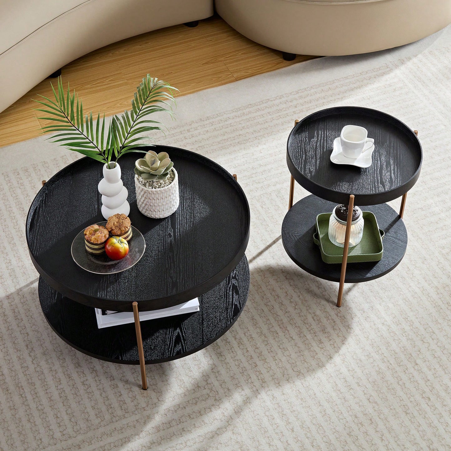 Modern 2-Tier Round Nesting Coffee Table Set For Living Room Easy Assembly Black MDF Side Tables For Bedroom Office Balcony Yard