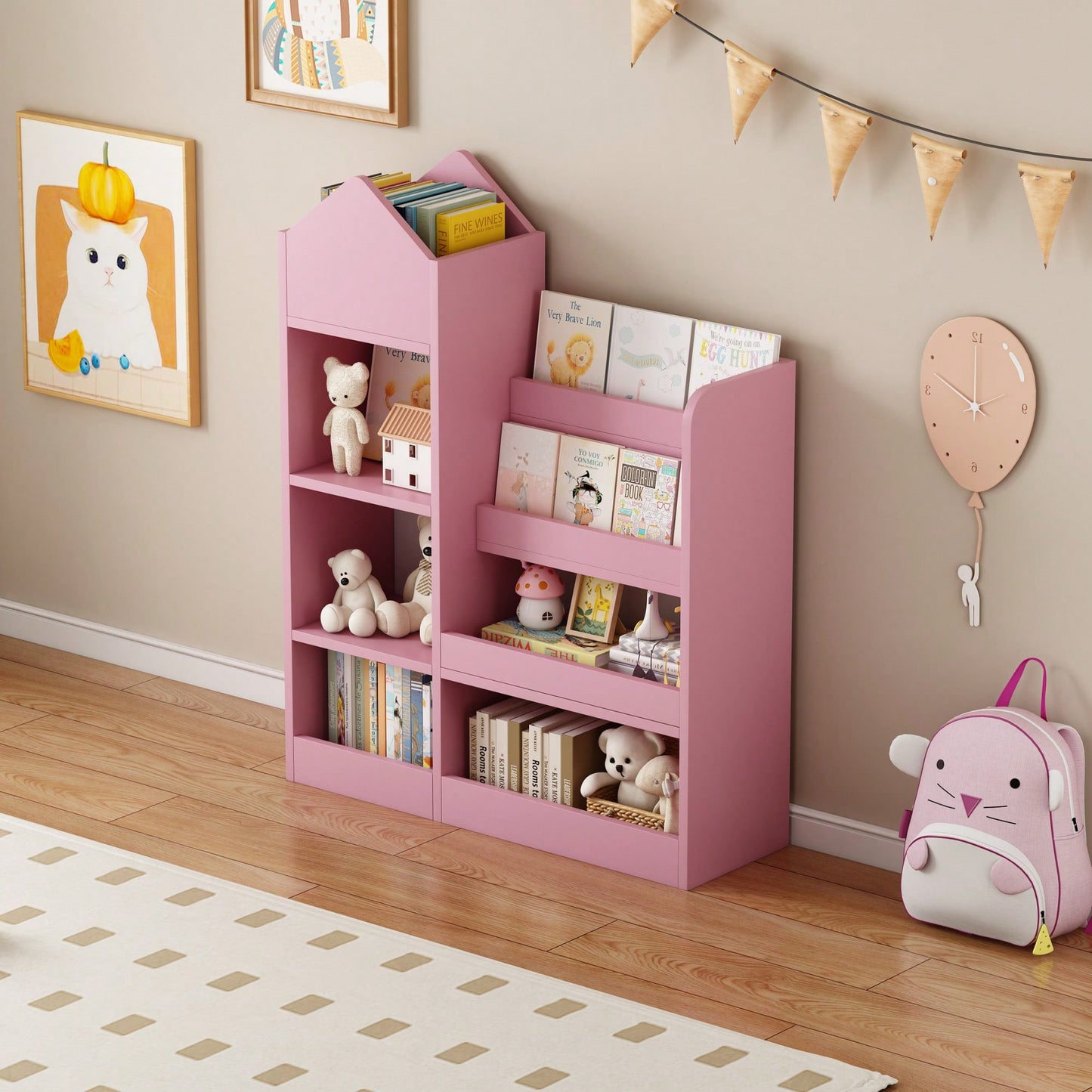 Wooden Kids Bookshelf And Toy Storage Organizer With 6 Compartments And Baskets For Books And Toys