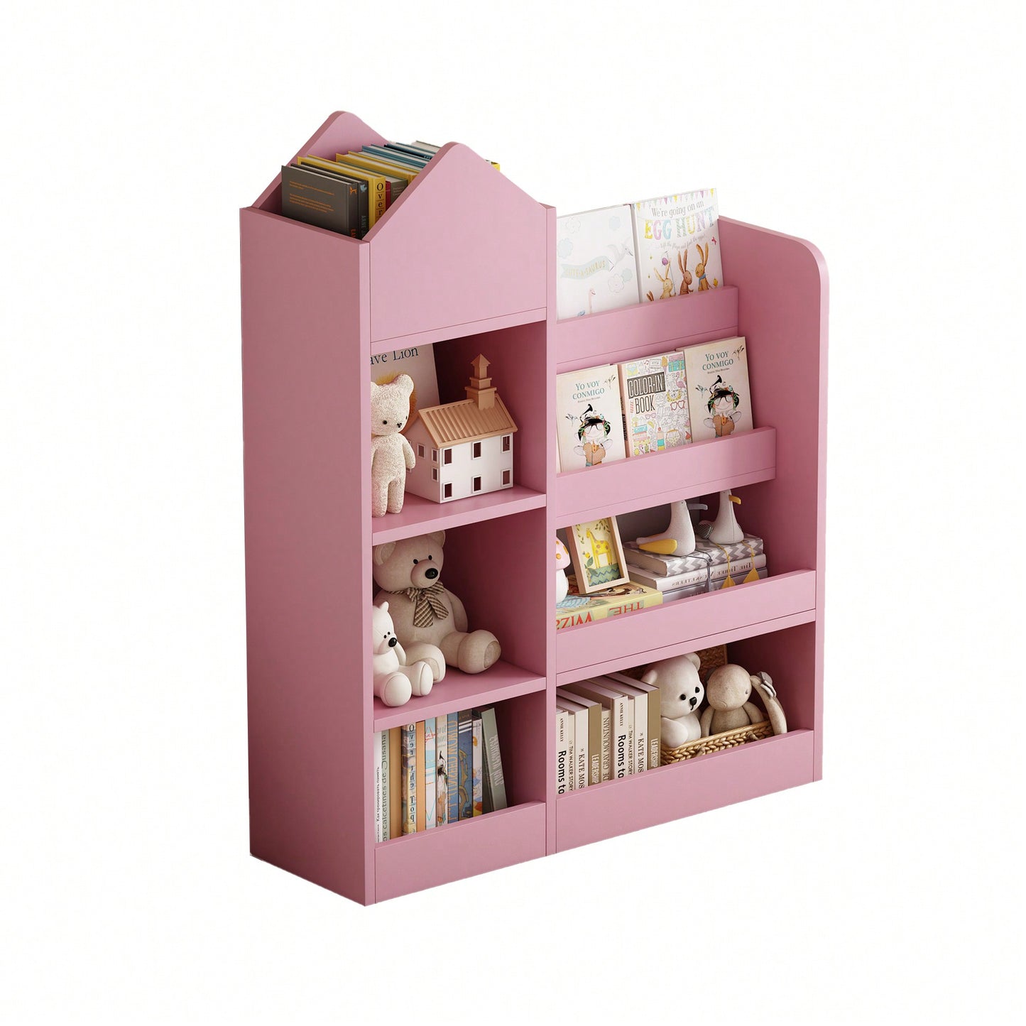 Wooden Kids Bookshelf And Toy Storage Organizer With 6 Compartments And Baskets For Books And Toys