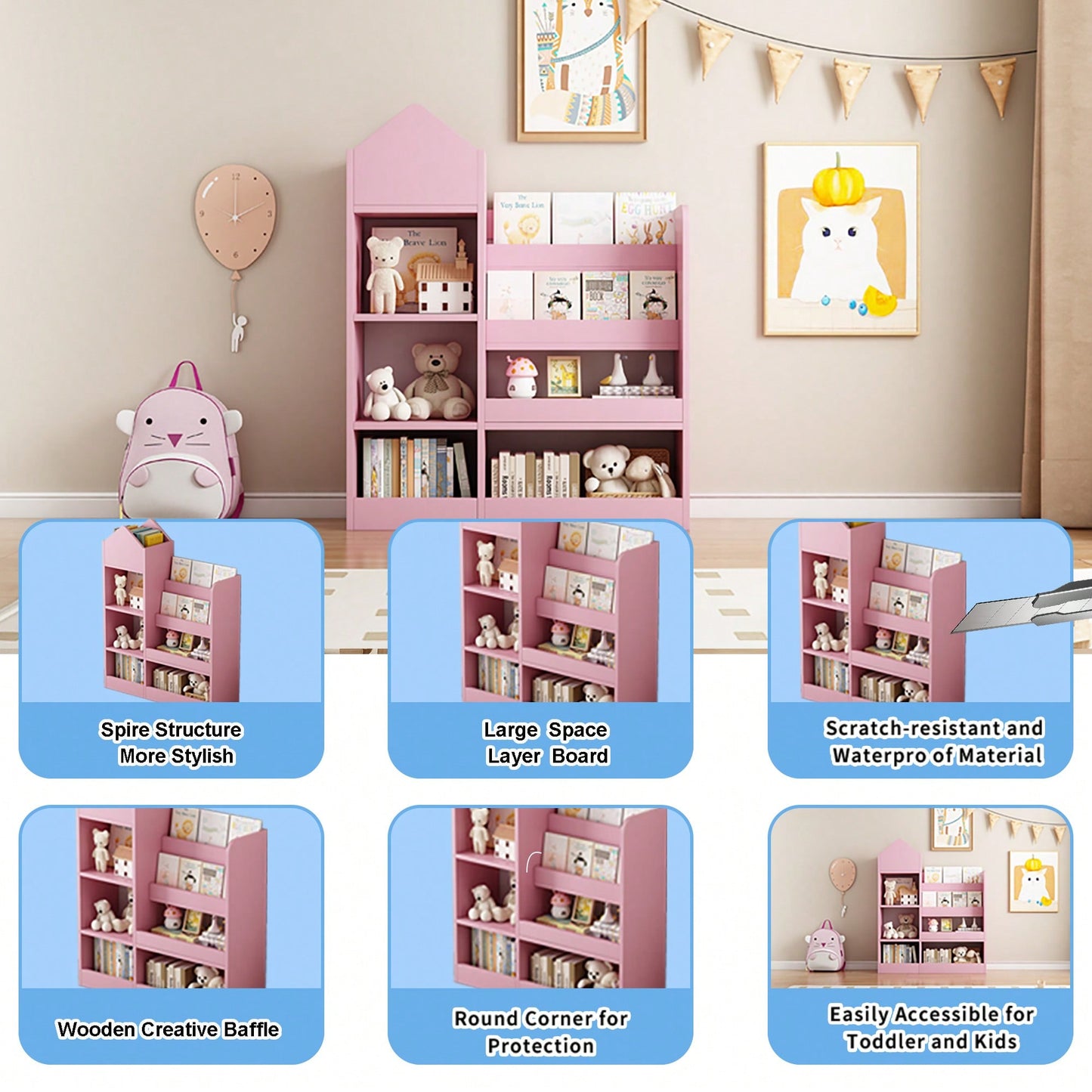 Wooden Kids Bookshelf And Toy Storage Organizer With 6 Compartments And Baskets For Books And Toys
