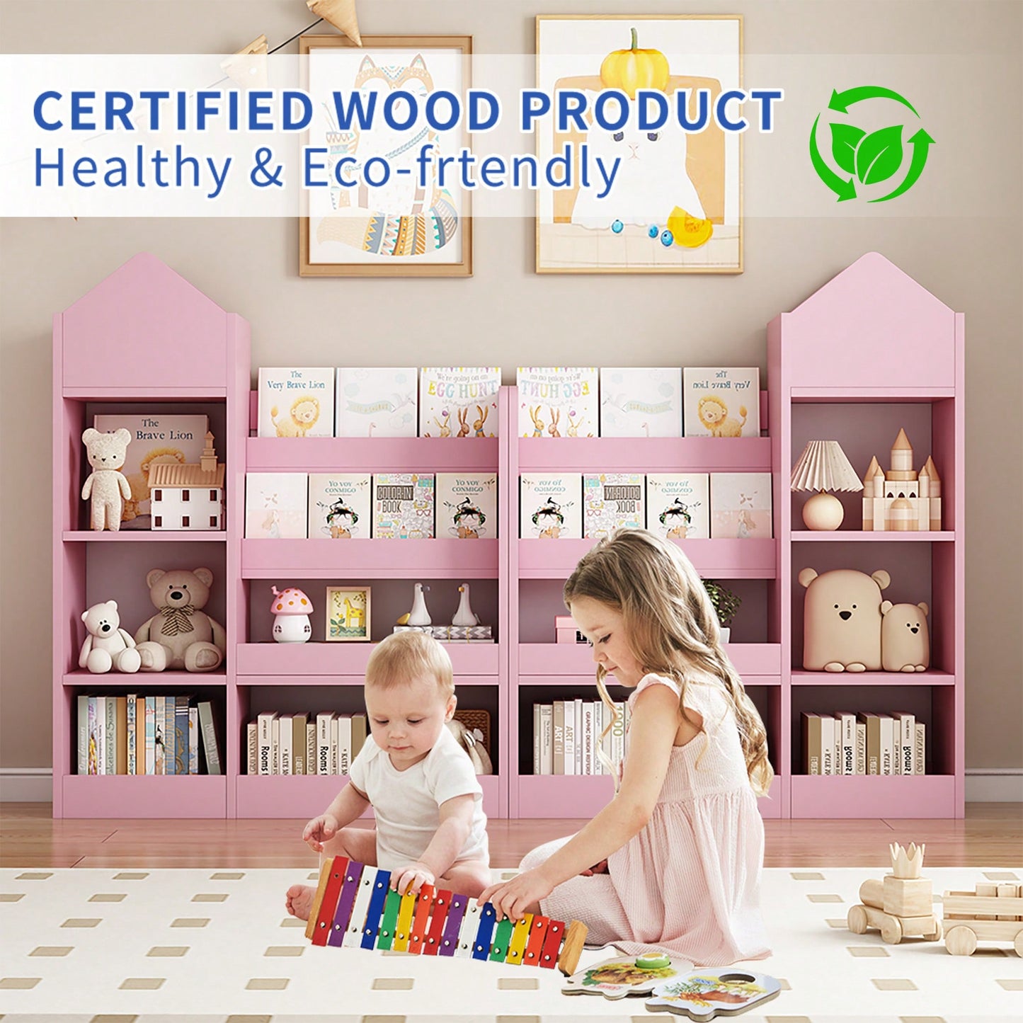 Wooden Kids Bookshelf And Toy Storage Organizer With 6 Compartments And Baskets For Books And Toys